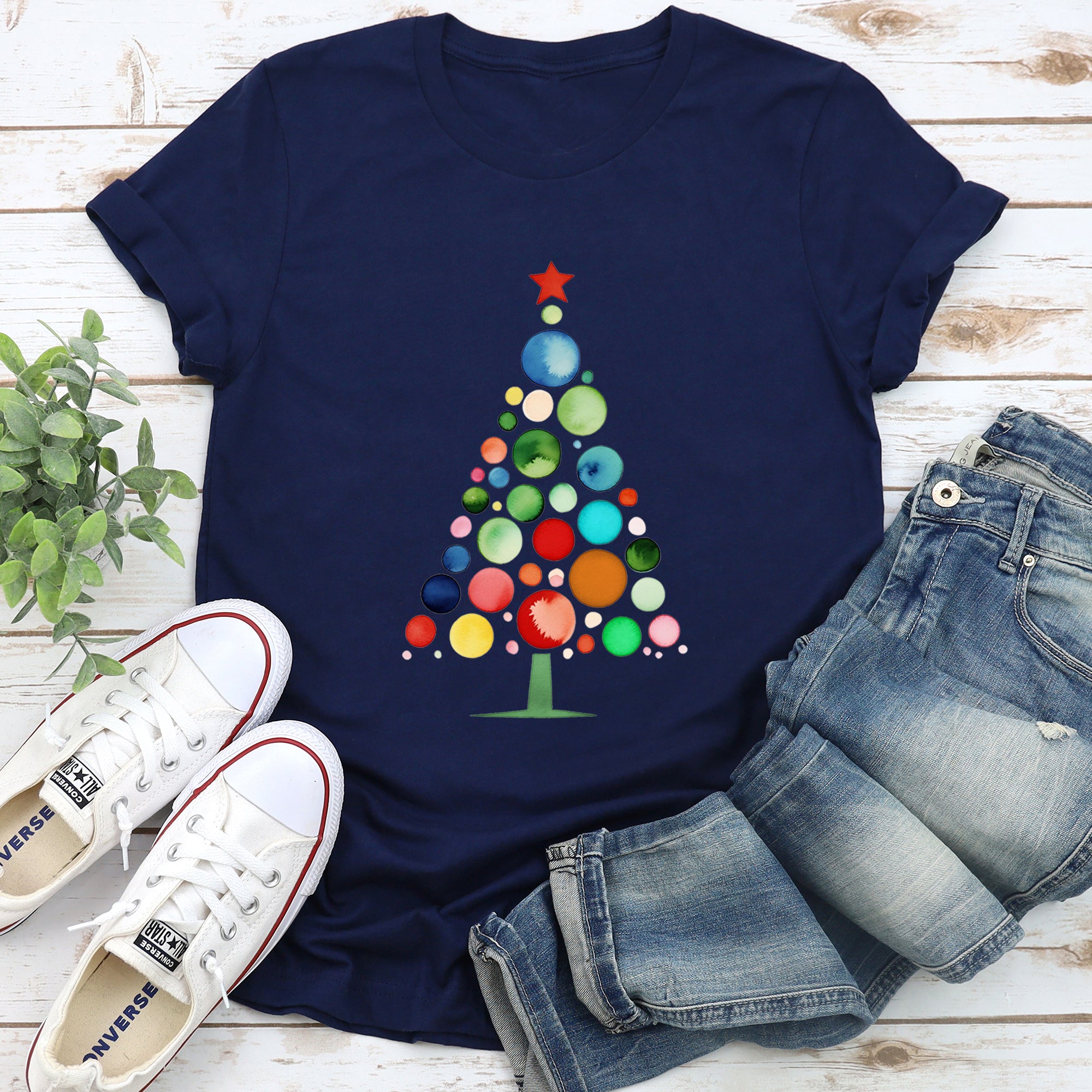 Watercolor Decorations Christmas Tree Retro Vintage Holiday Hand Drawn Graphic Tee
