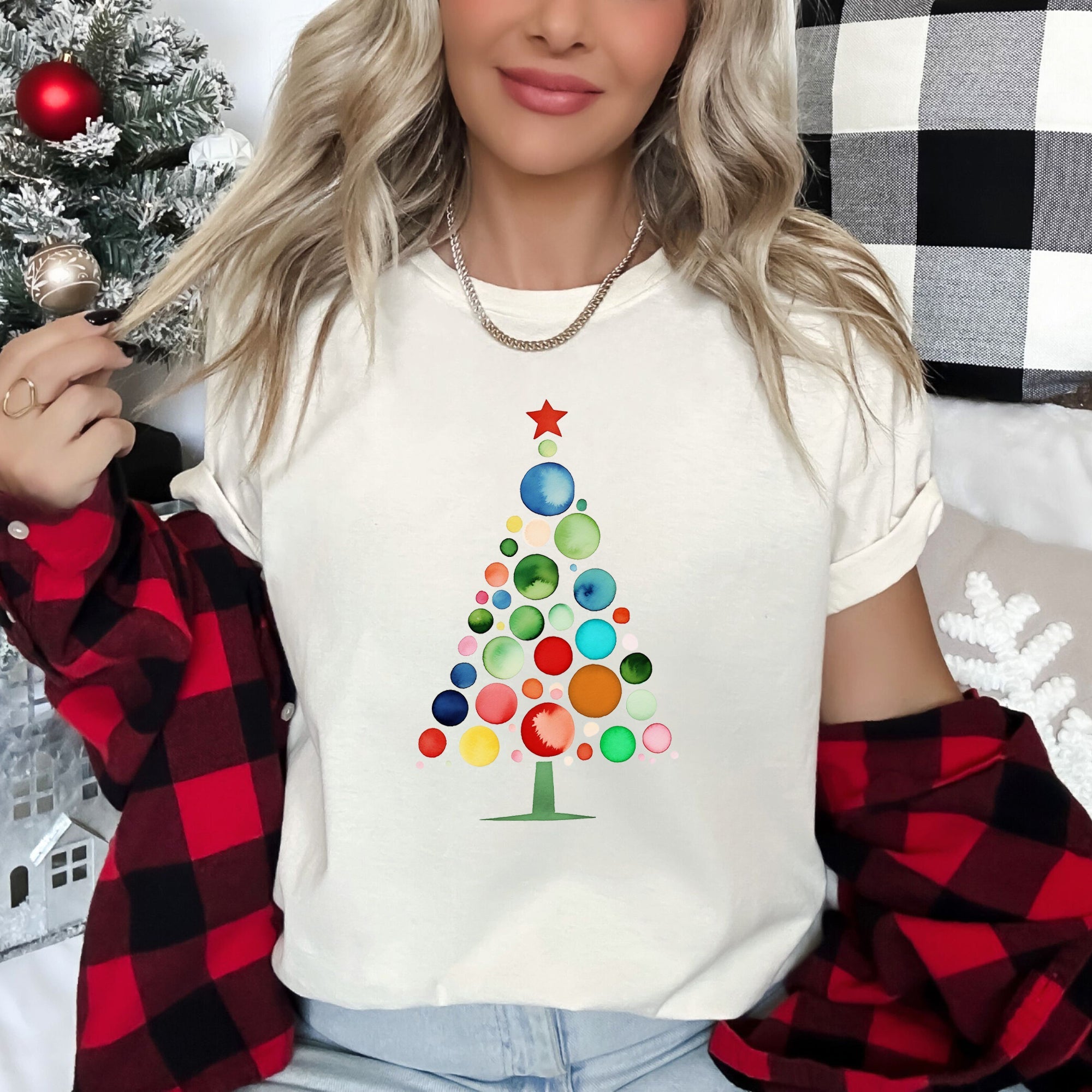 Watercolor Decorations Christmas Tree Retro Vintage Holiday Hand Drawn Graphic Tee