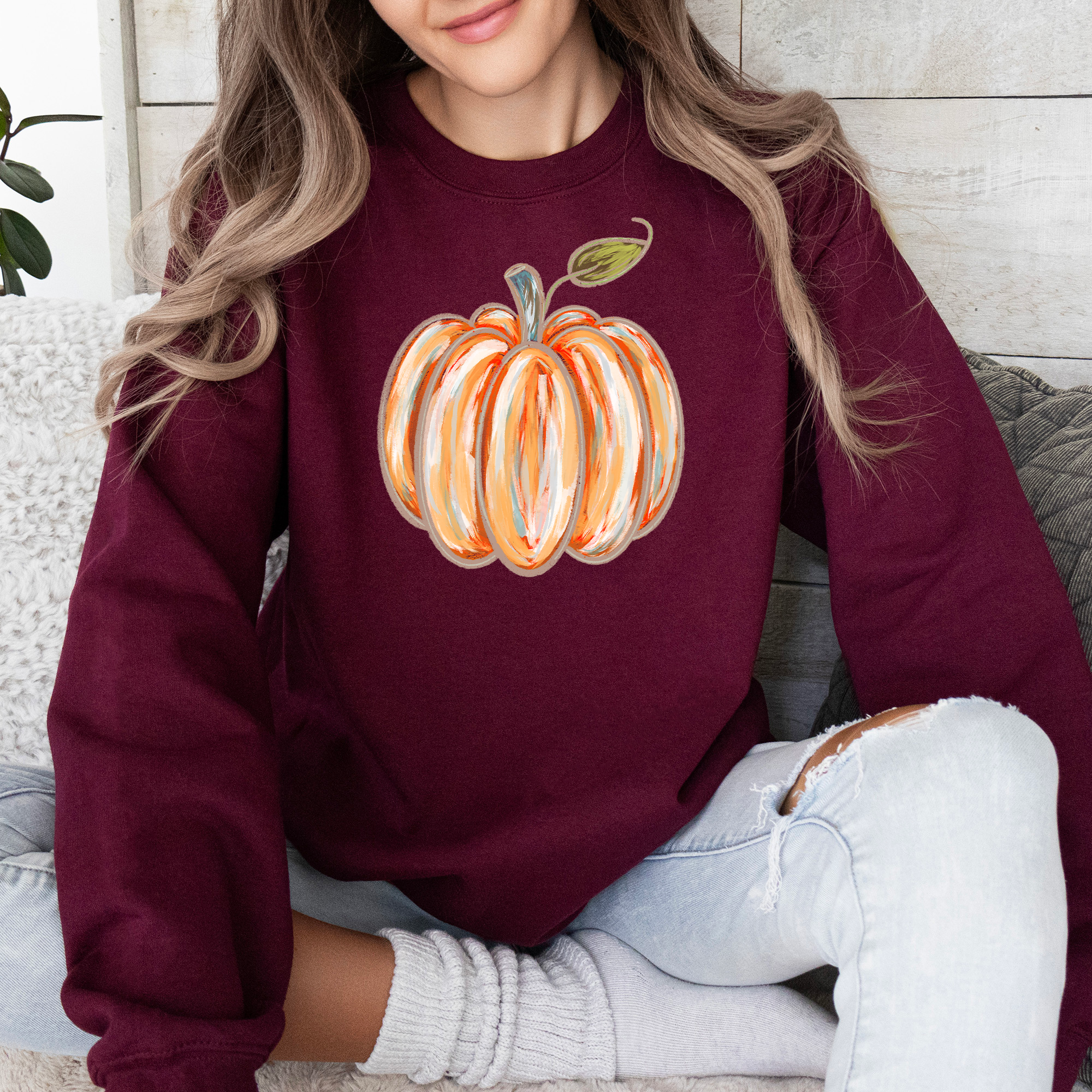 Watercolor Pumpkin Cozy Autumn Floral Sunflower Harvest Design For Cozy Fall Styling Sweatshirt