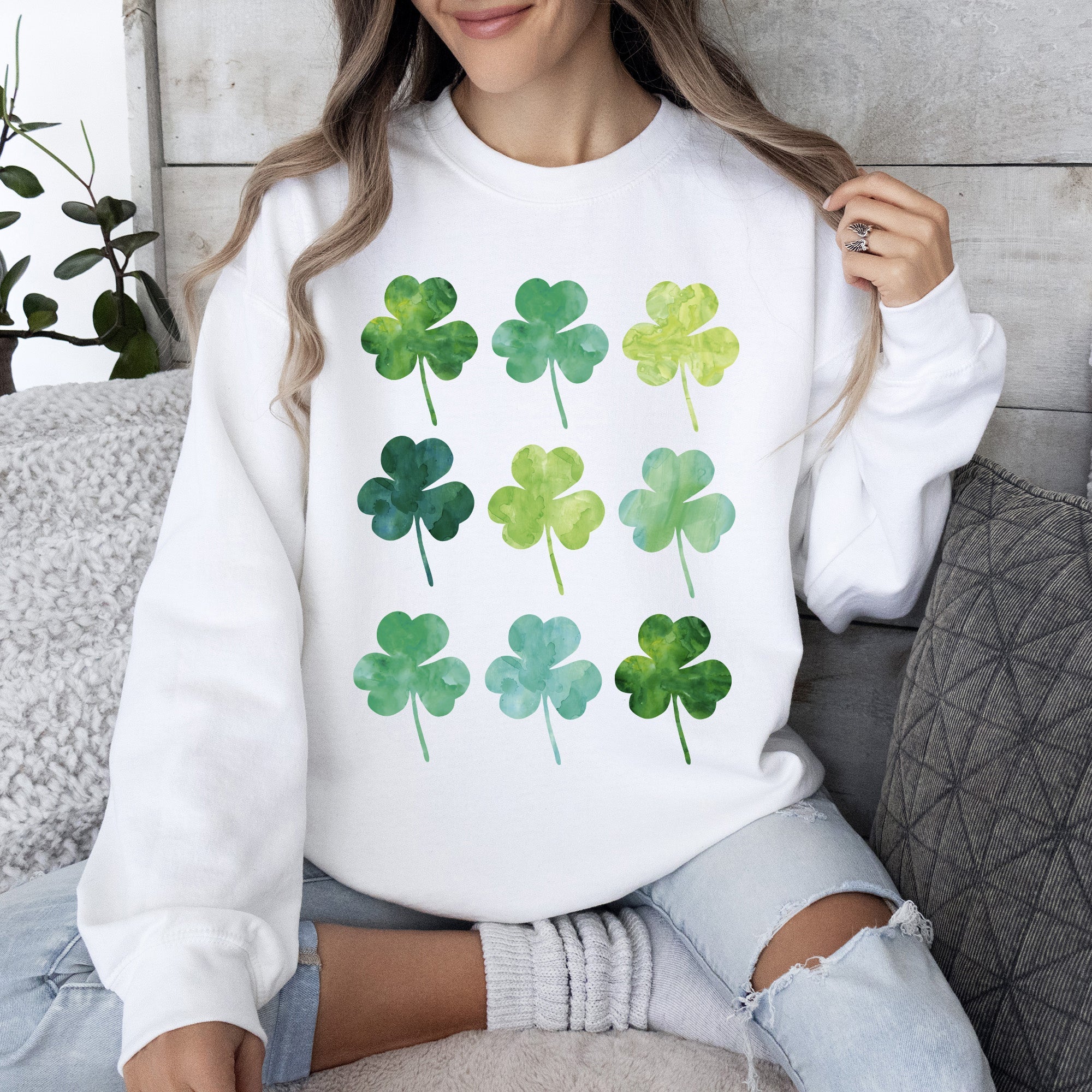 Watercolor Shamrocks In Rows St Patrick's Day Theme Artwork For Festive Gatherings Soft Cotton Blend Sweatshirt