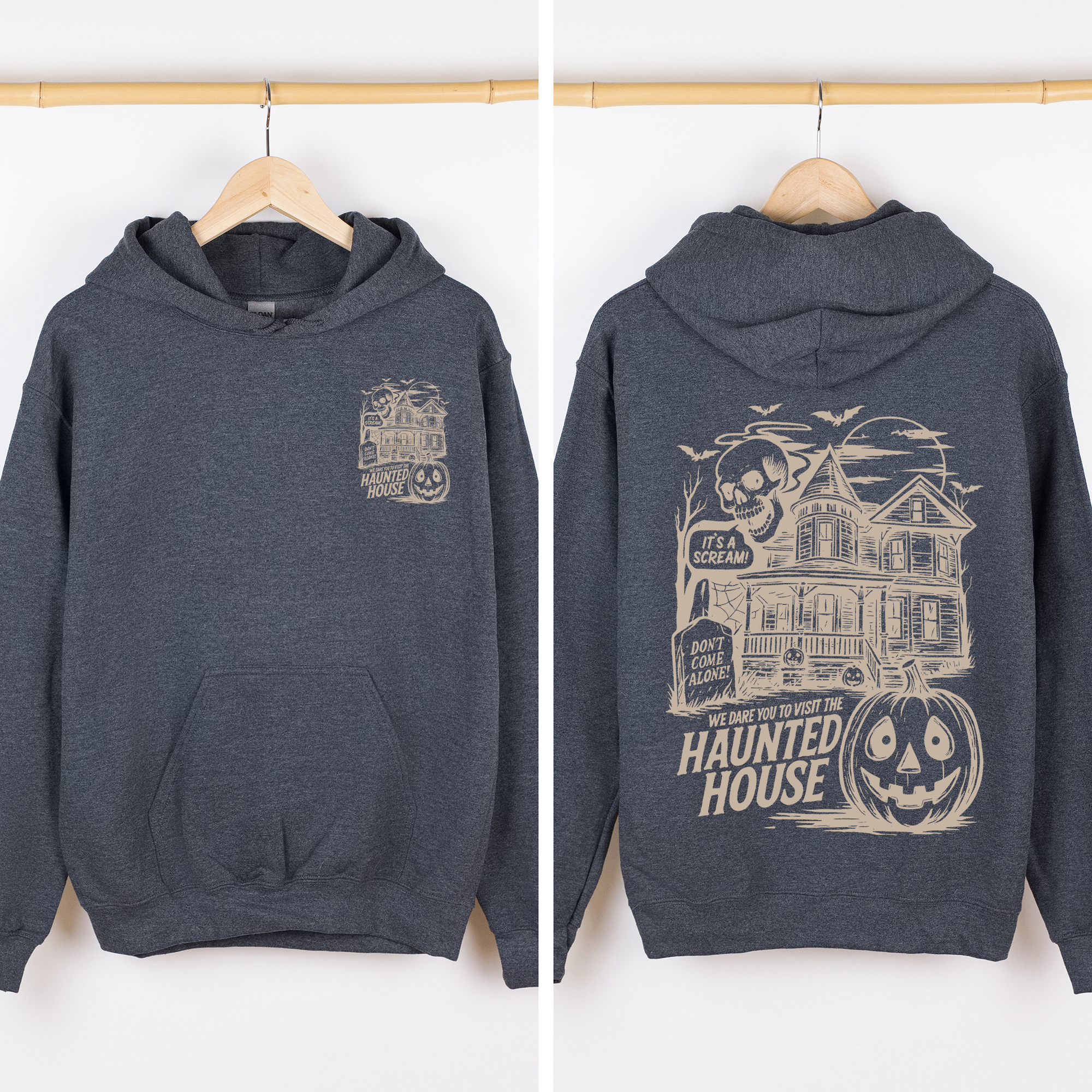 We Dare You To Visit The Haunted House Vintage Inspired Halloween Pumpkin Graphic Hoodie