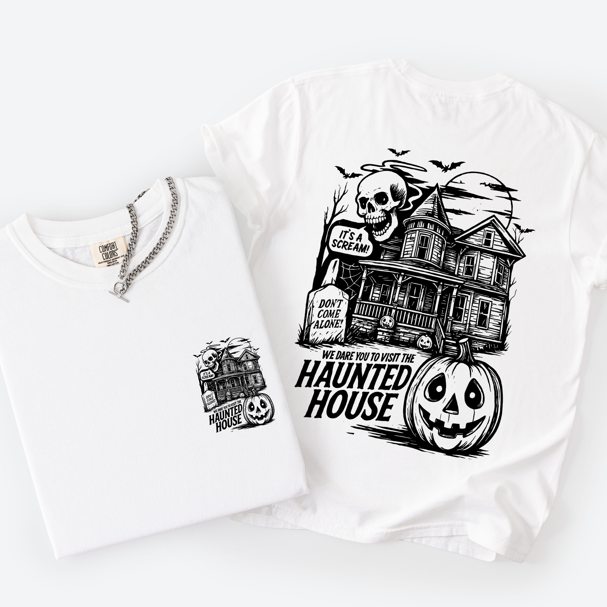 We Dare You To Visit The Haunted House Spooky Halloween Pumpkin Comfort Colors Tee