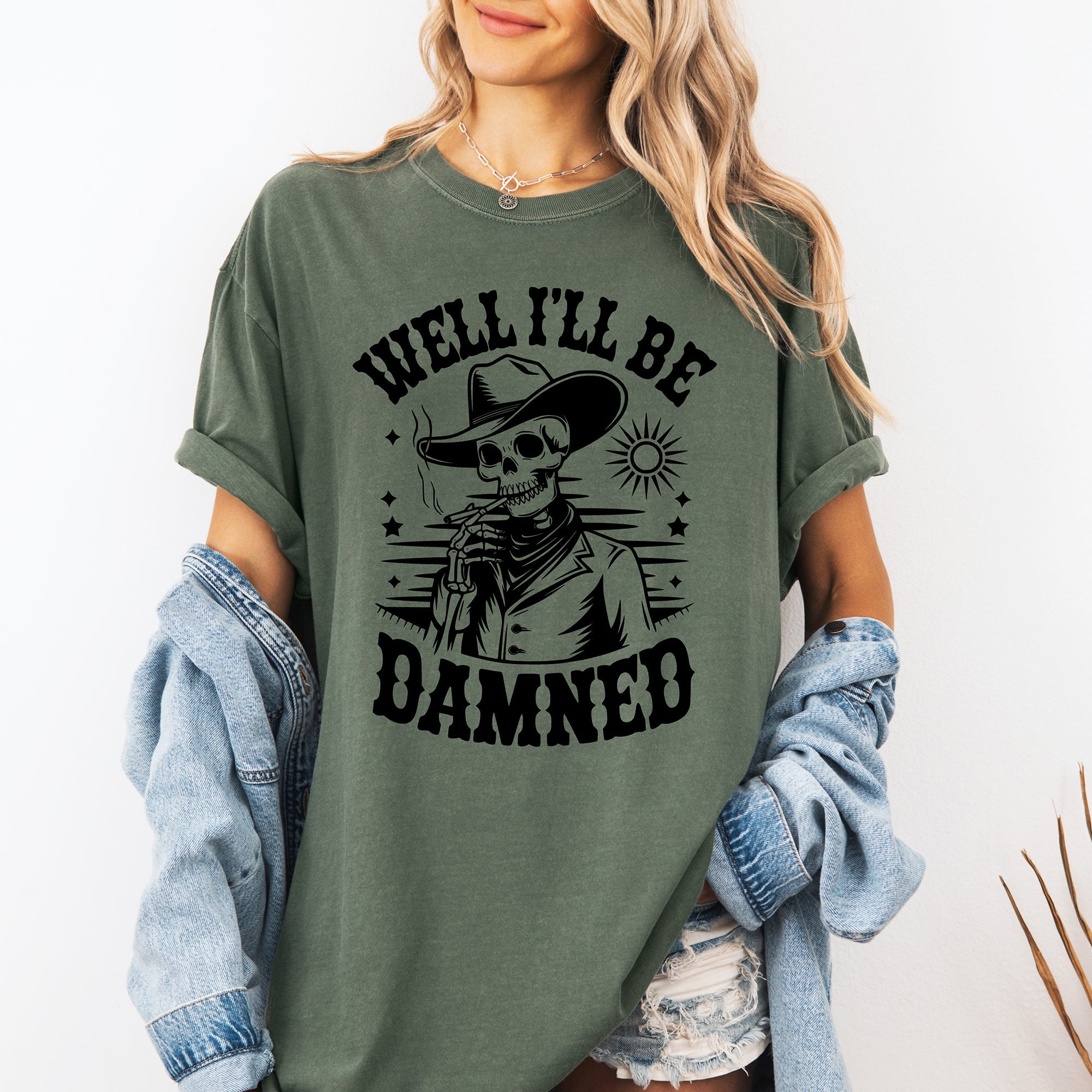Well I'll Be Damned Skeleton Halloween Retro Distressed Vintage Comfort Colors Tee