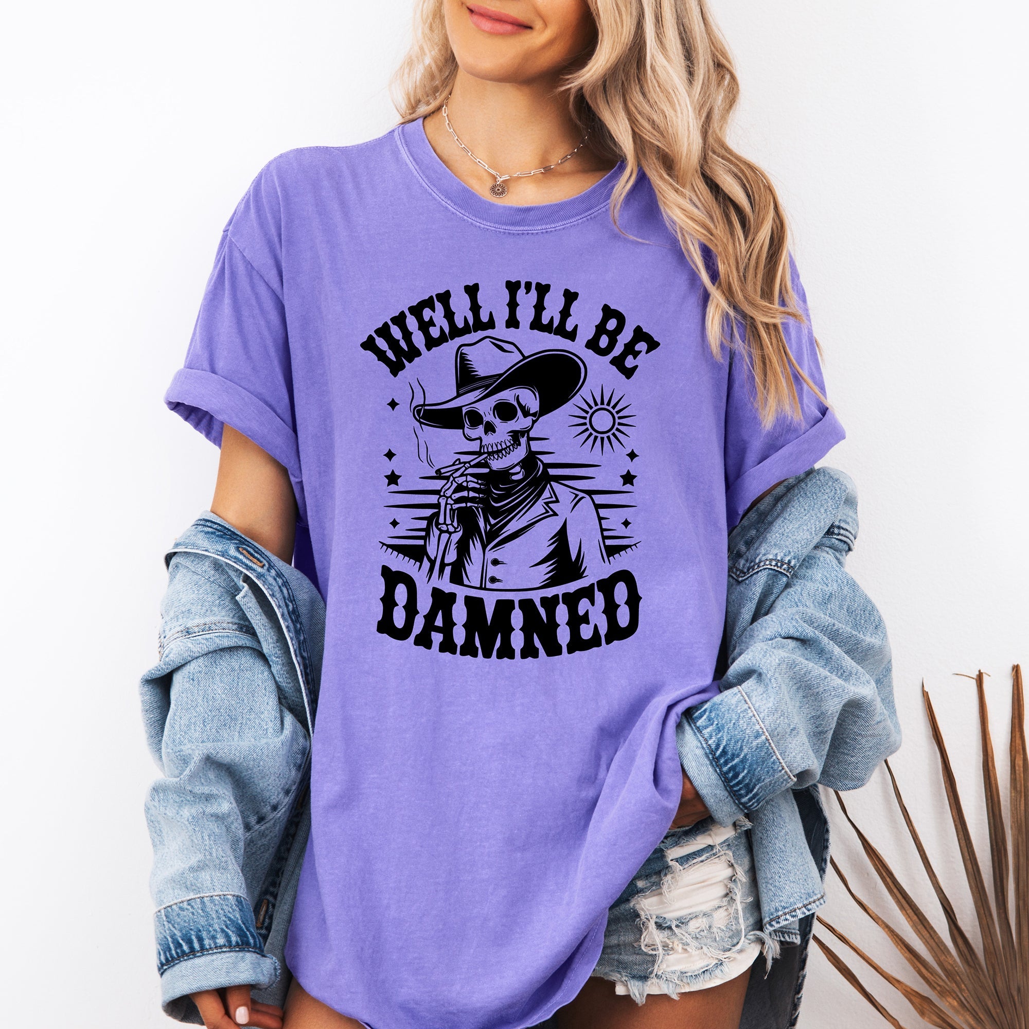 Well I'll Be Damned Skeleton Halloween Retro Distressed Vintage Comfort Colors Tee
