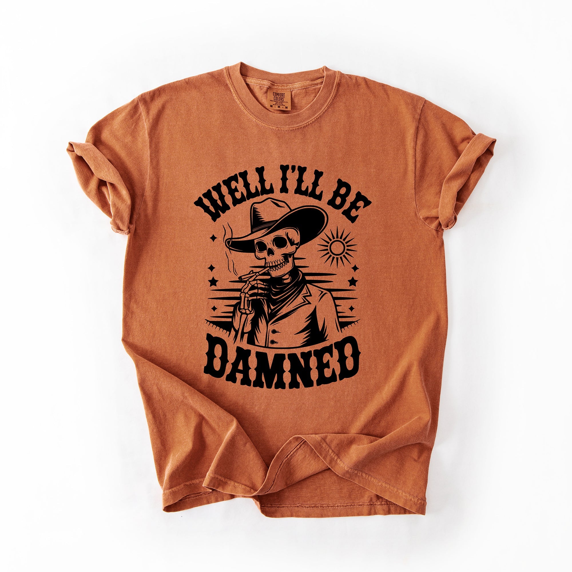 Well I'll Be Damned Skeleton Halloween Retro Distressed Vintage Comfort Colors Tee