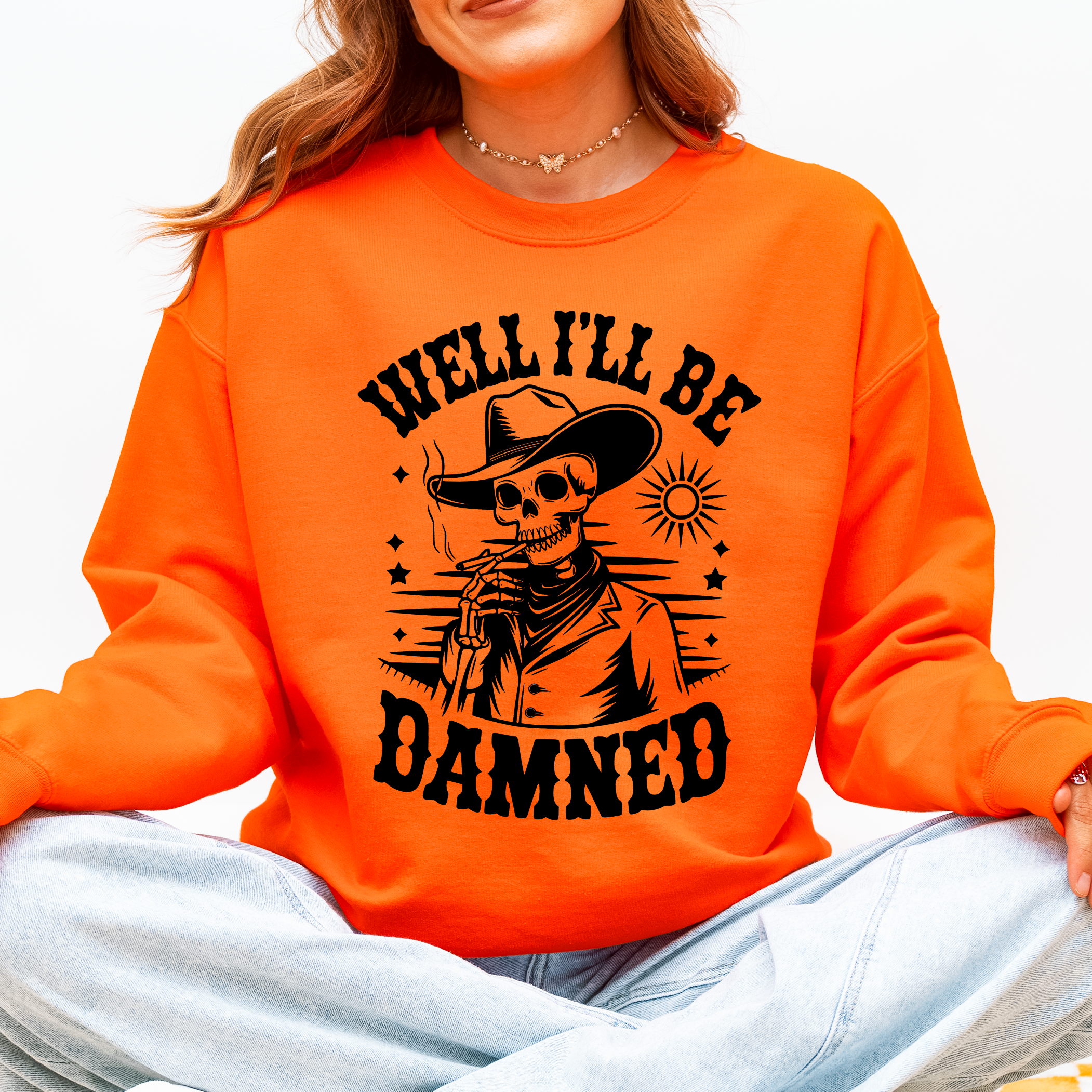 Well I'll Be Damned Skeleton Halloween Cozy Graphic Typography Ornaments Edition Sweatshirt