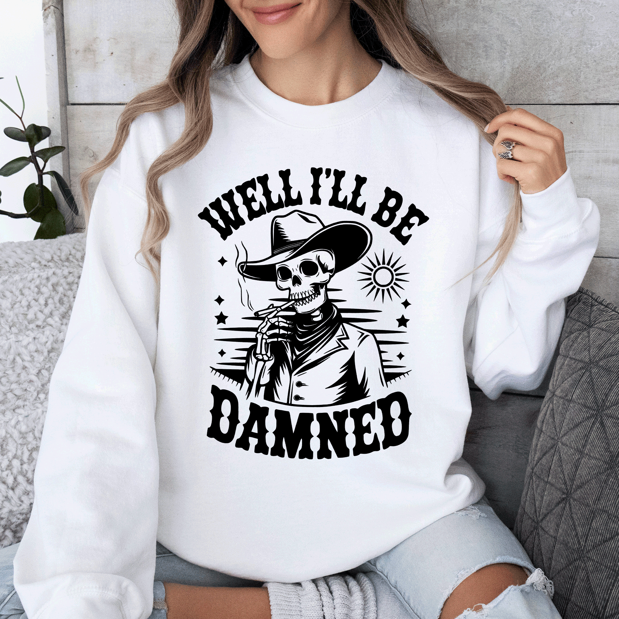 Well I'll Be Damned Skeleton Halloween Cozy Graphic Typography Ornaments Edition Sweatshirt