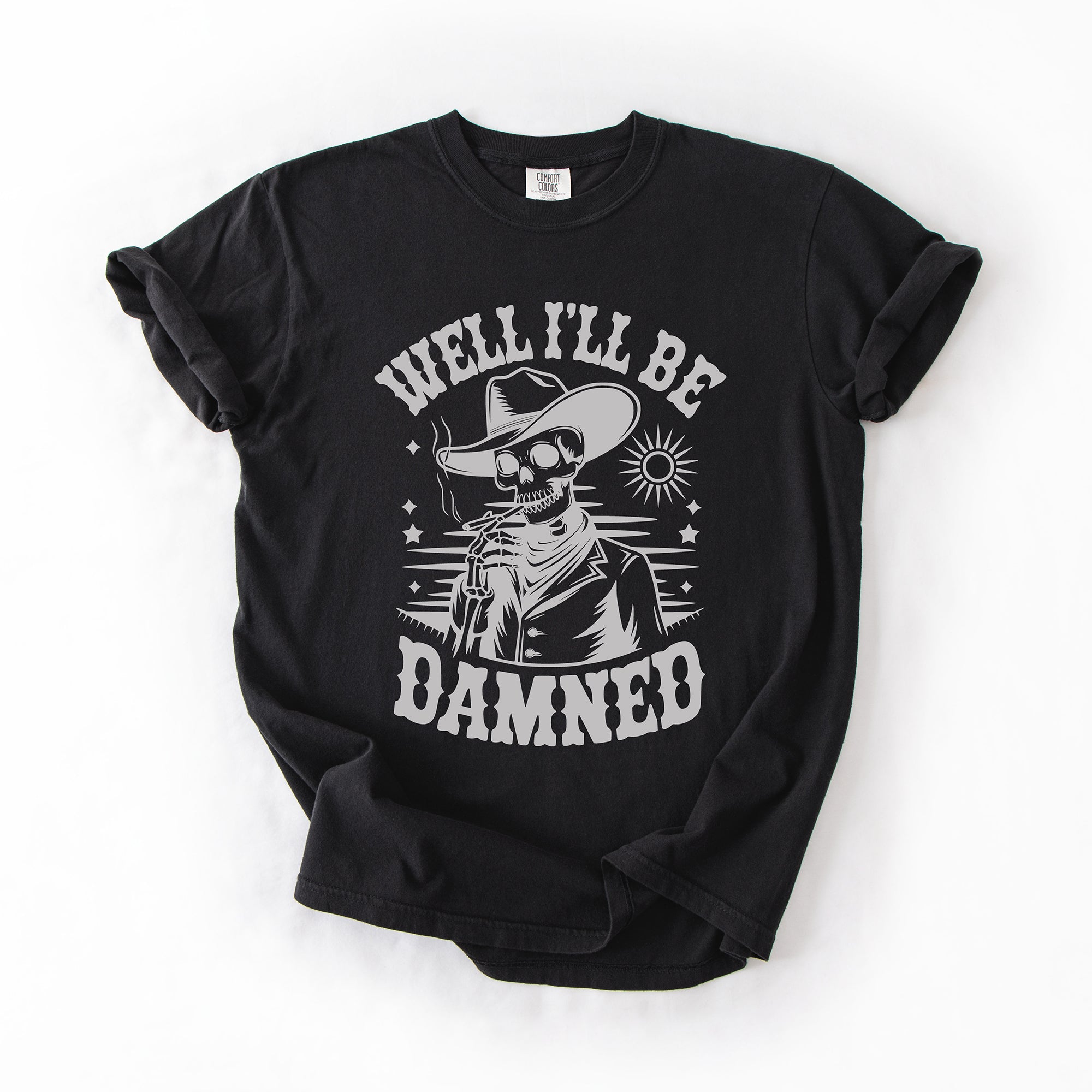 Well I'll Be Damned Skeleton Halloween Retro Distressed Vintage Comfort Colors Tee