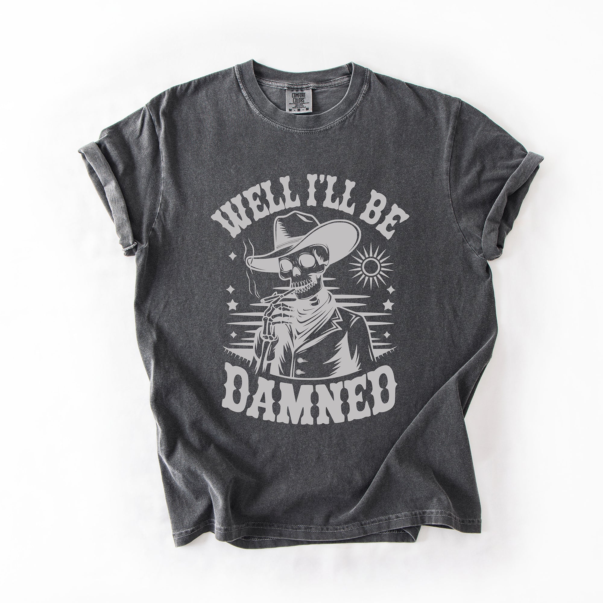 Well I'll Be Damned Skeleton Halloween Retro Distressed Vintage Comfort Colors Tee
