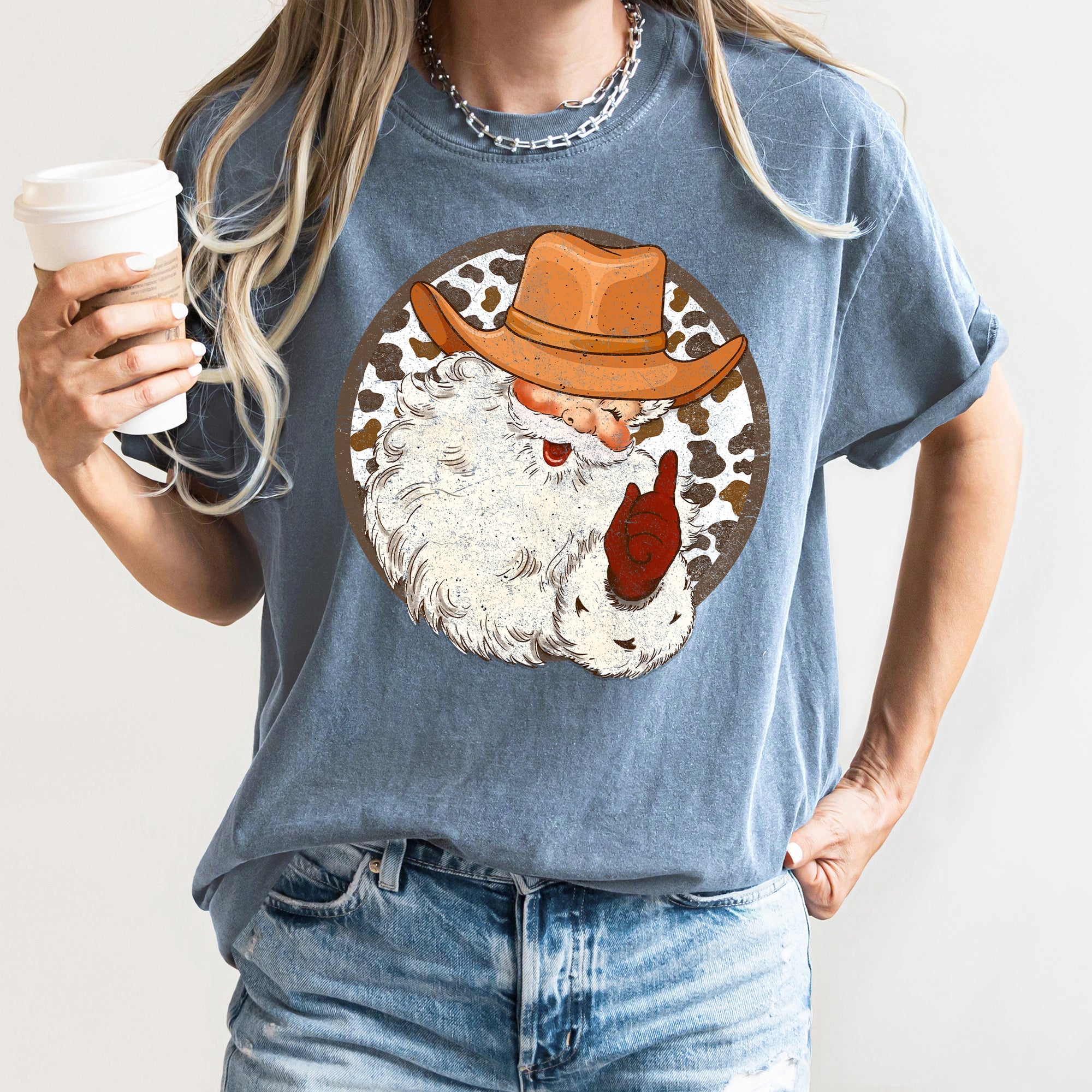 Western Cowboy Santa Hat Cow Print Christmas Retro Vintage Western Holiday Theme Comfort Colors Tee