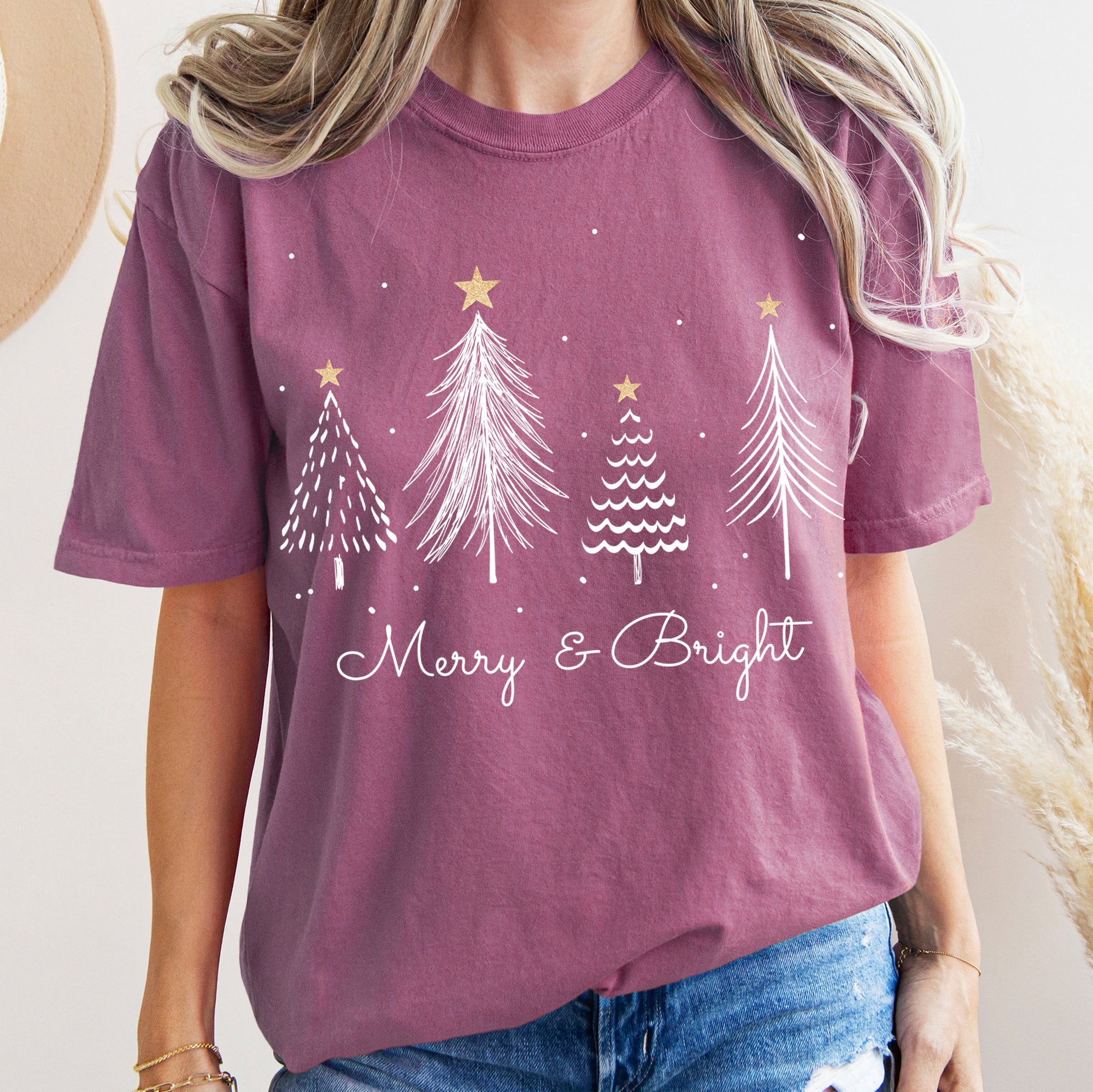 Merry And Bright Christmas Trees With Gold Star Yuletide Celebration Comfort Colors Tee