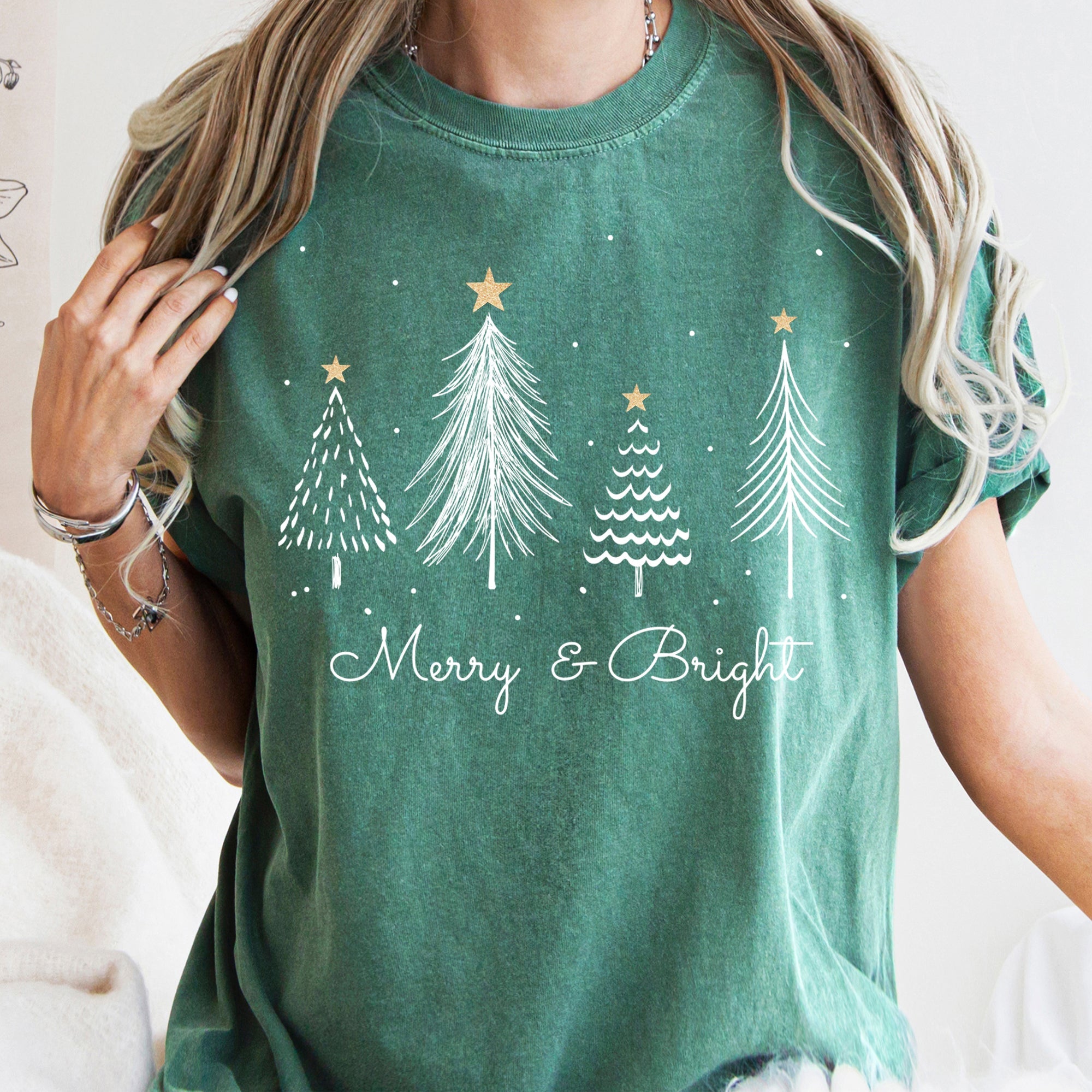 Merry And Bright Christmas Trees With Gold Star Yuletide Celebration Comfort Colors Tee