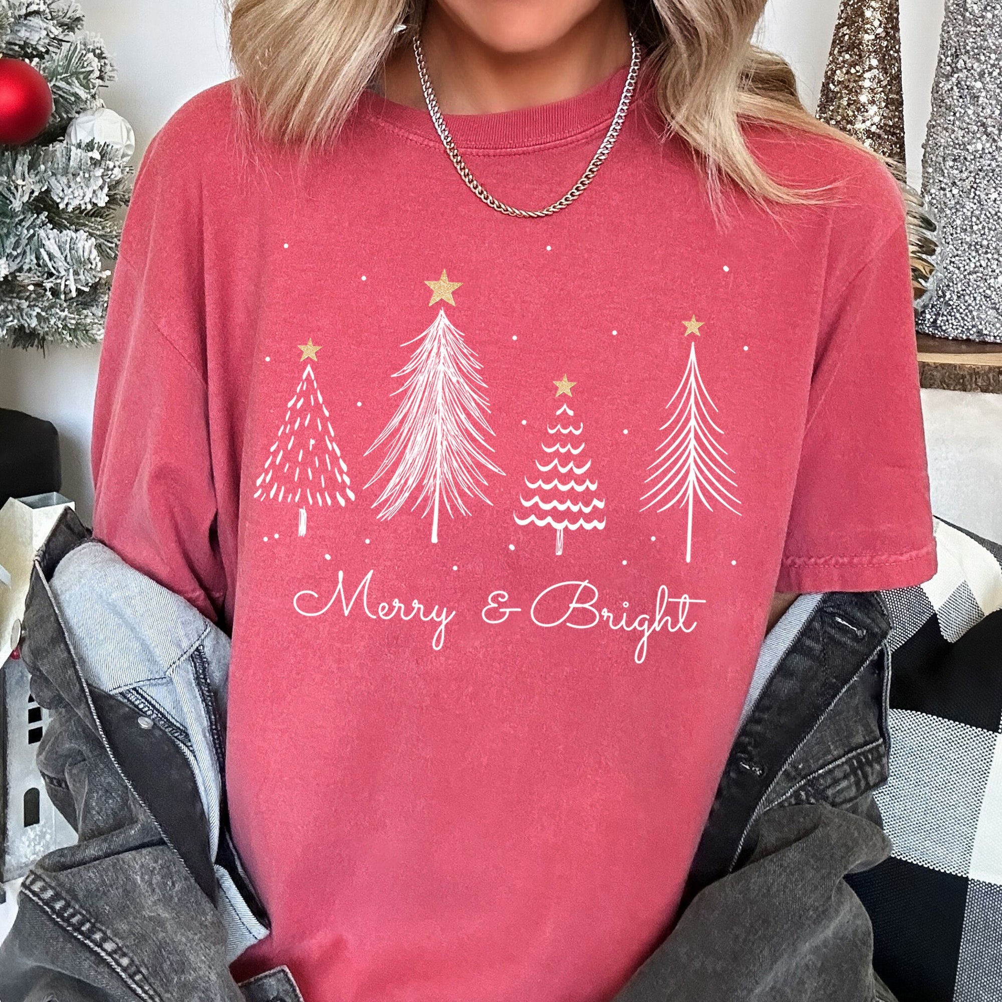 Merry And Bright Christmas Trees With Gold Star Yuletide Celebration Comfort Colors Tee