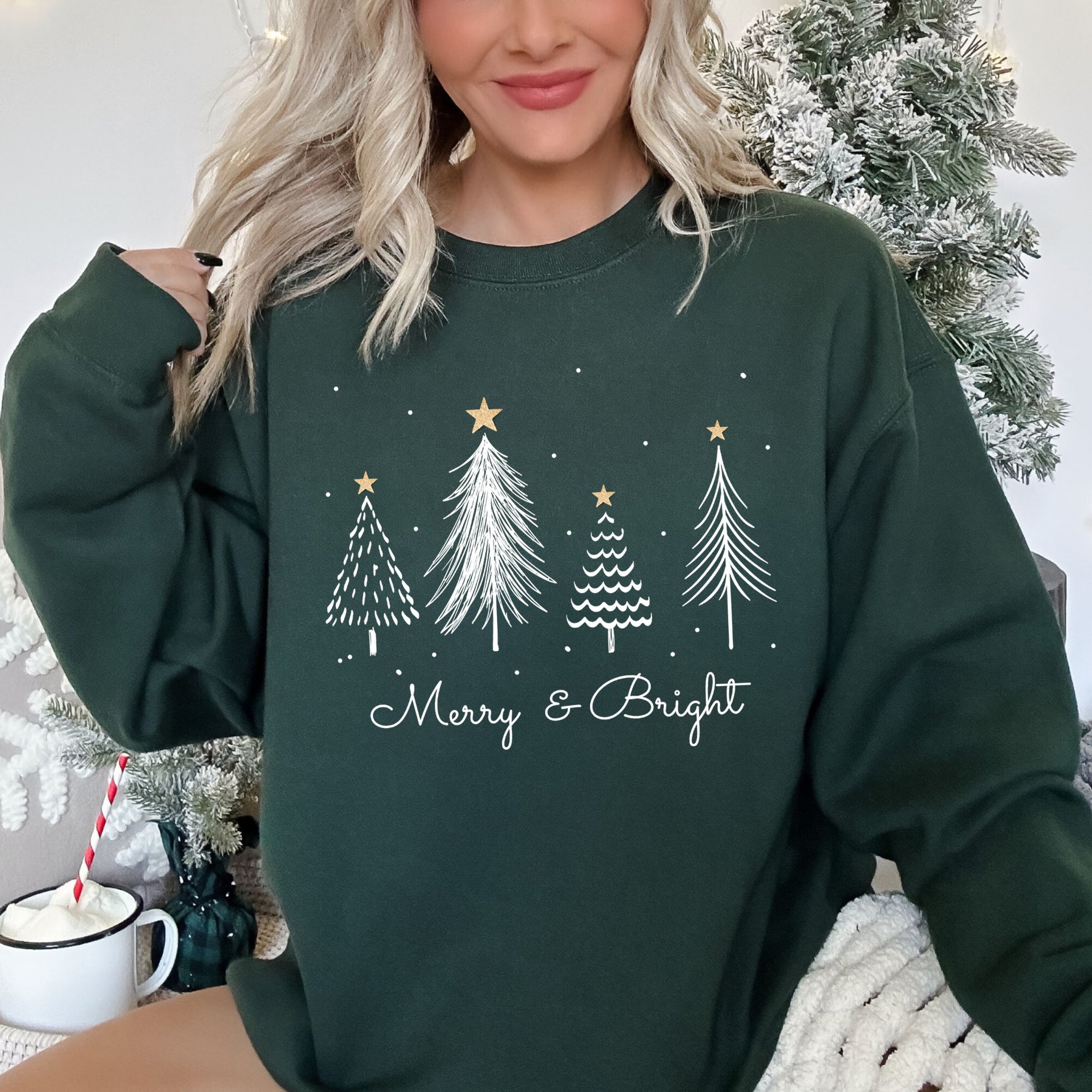 Merry And Bright Christmas Trees Festive Cozy Winter Holiday Seasonal Graphic Sweatshirt