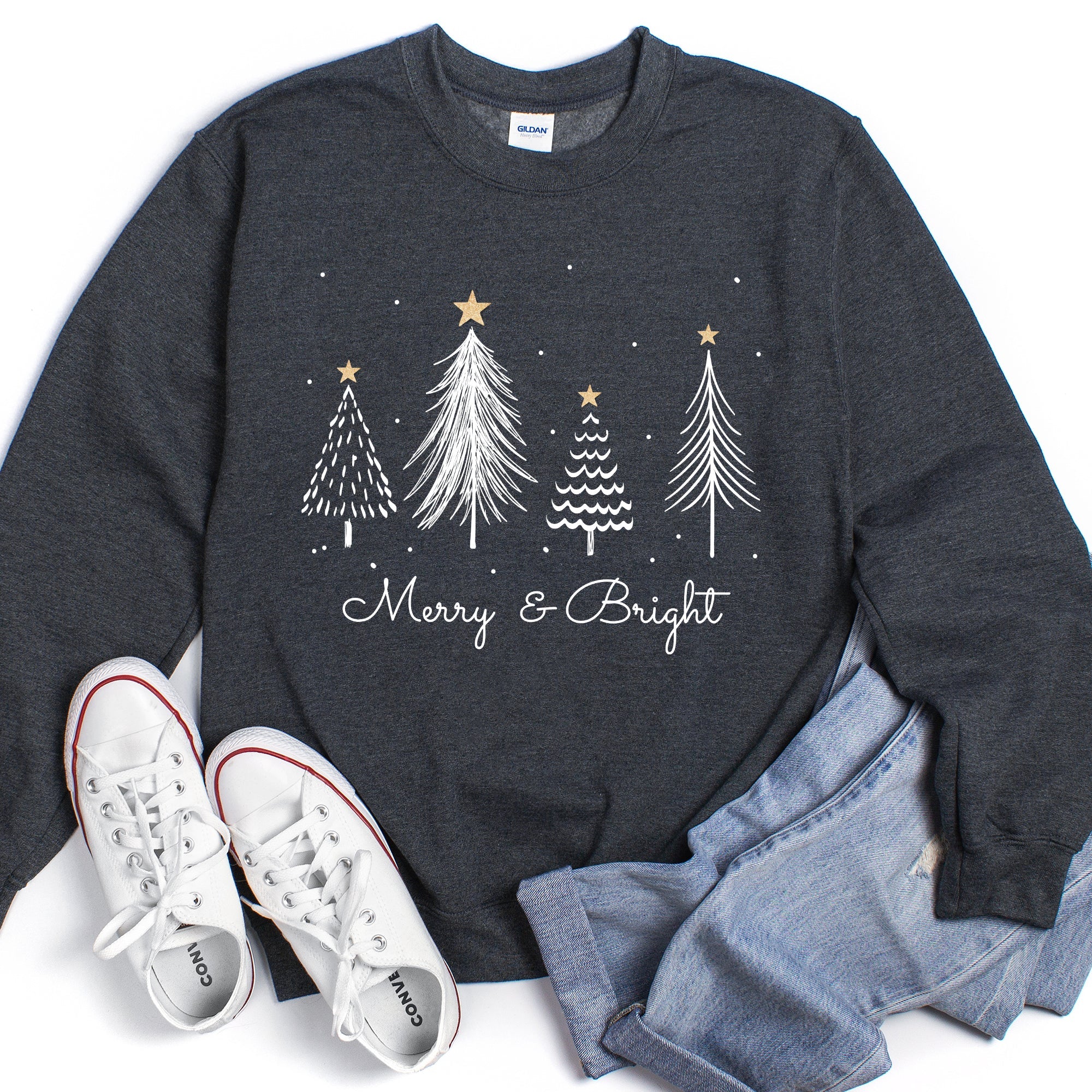 Merry And Bright Christmas Trees Festive Cozy Winter Holiday Seasonal Graphic Sweatshirt