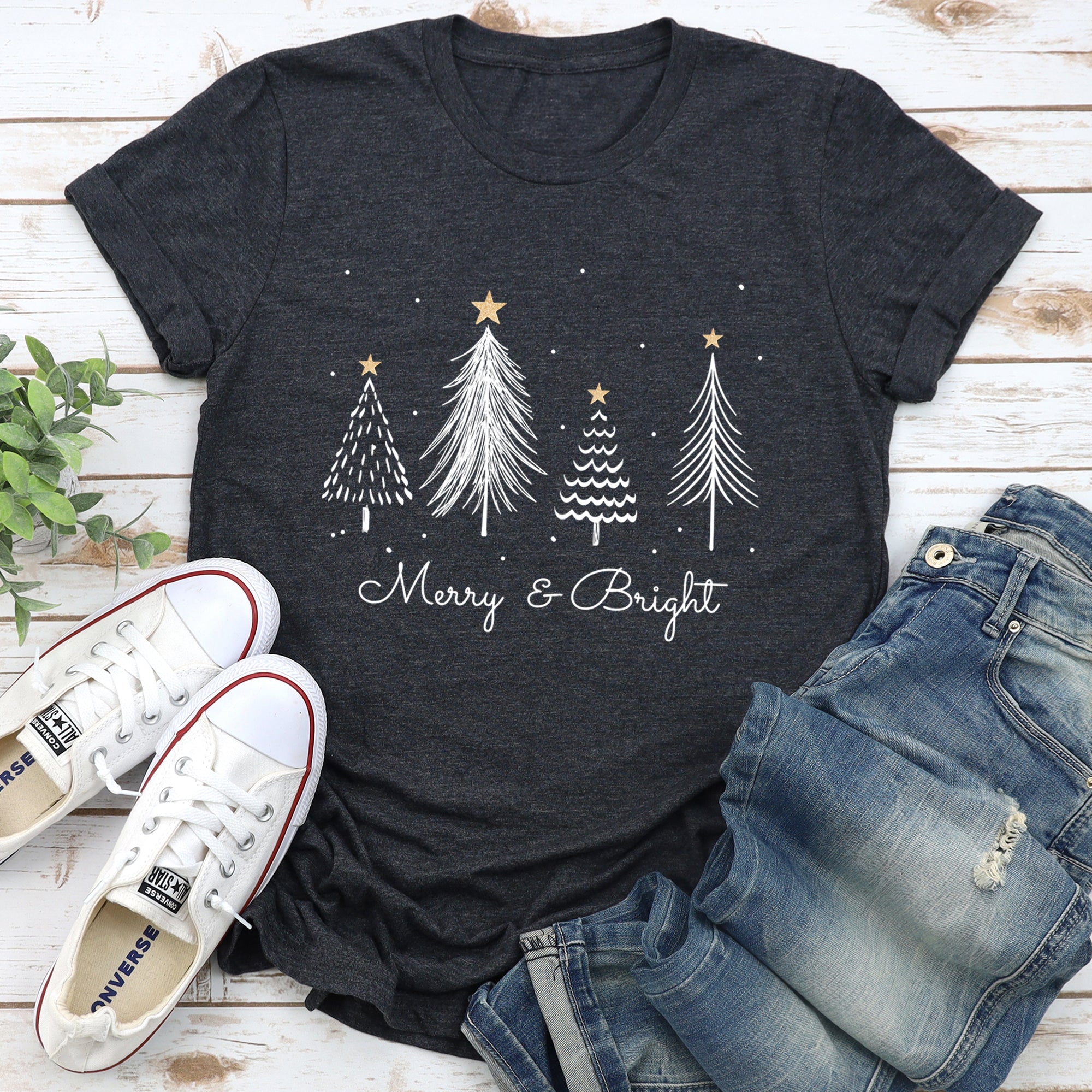 Merry And Bright Christmas Trees With Gold Star And Subtle Snowflake Accents Graphic Tee