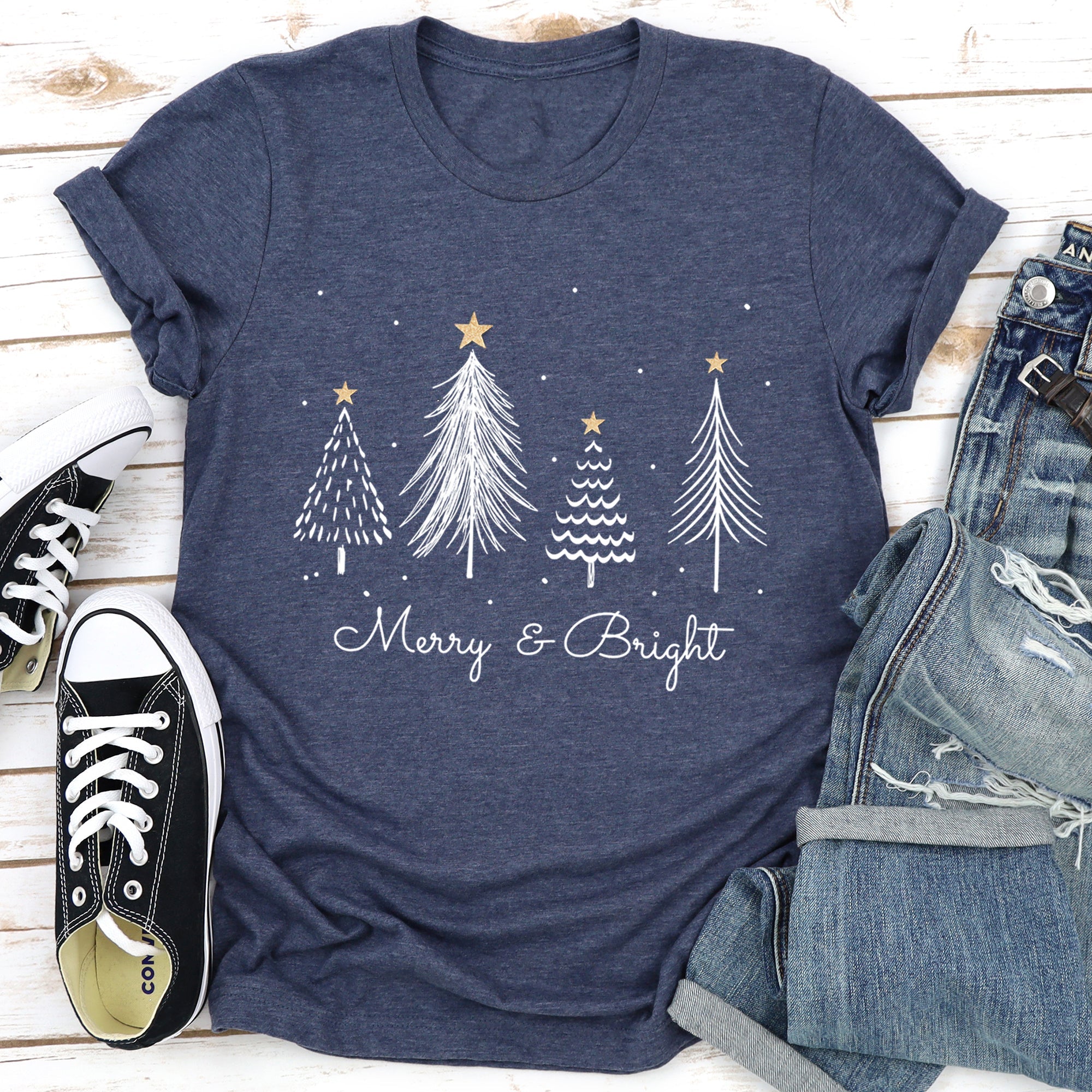 Merry And Bright Christmas Trees With Gold Star And Subtle Snowflake Accents Graphic Tee
