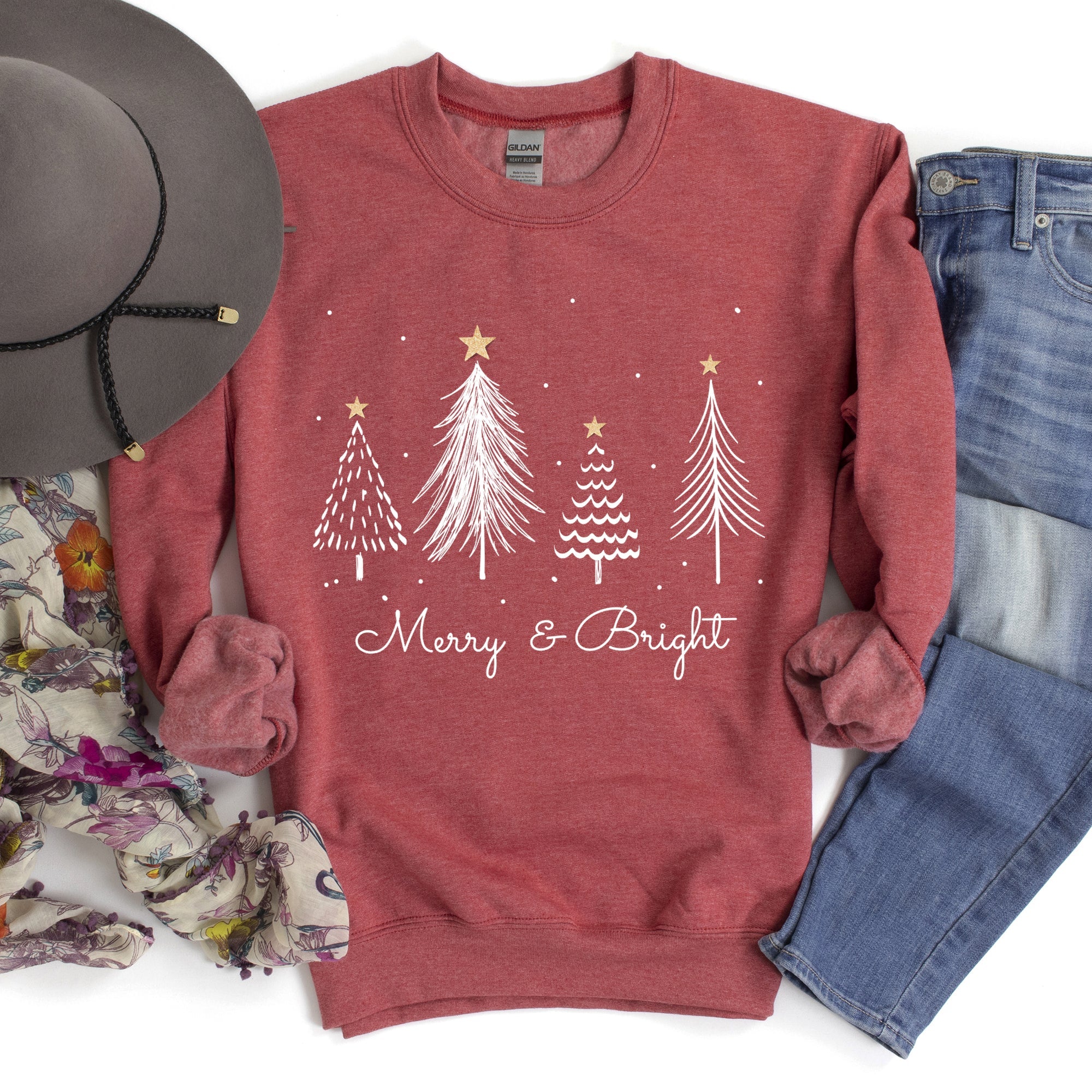 Merry And Bright Christmas Trees Festive Cozy Winter Holiday Seasonal Graphic Sweatshirt