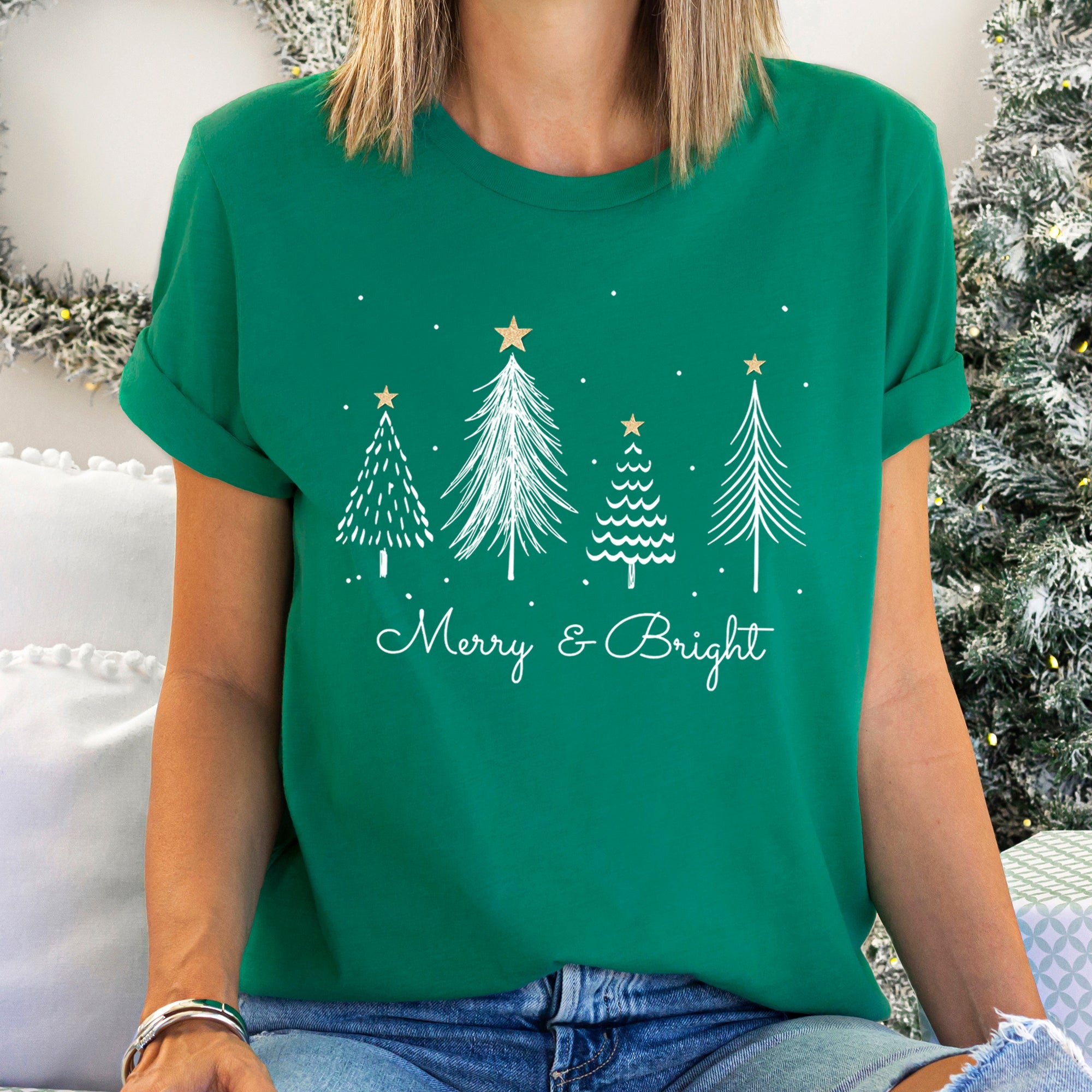 Merry And Bright Christmas Trees With Gold Star And Subtle Snowflake Accents Graphic Tee