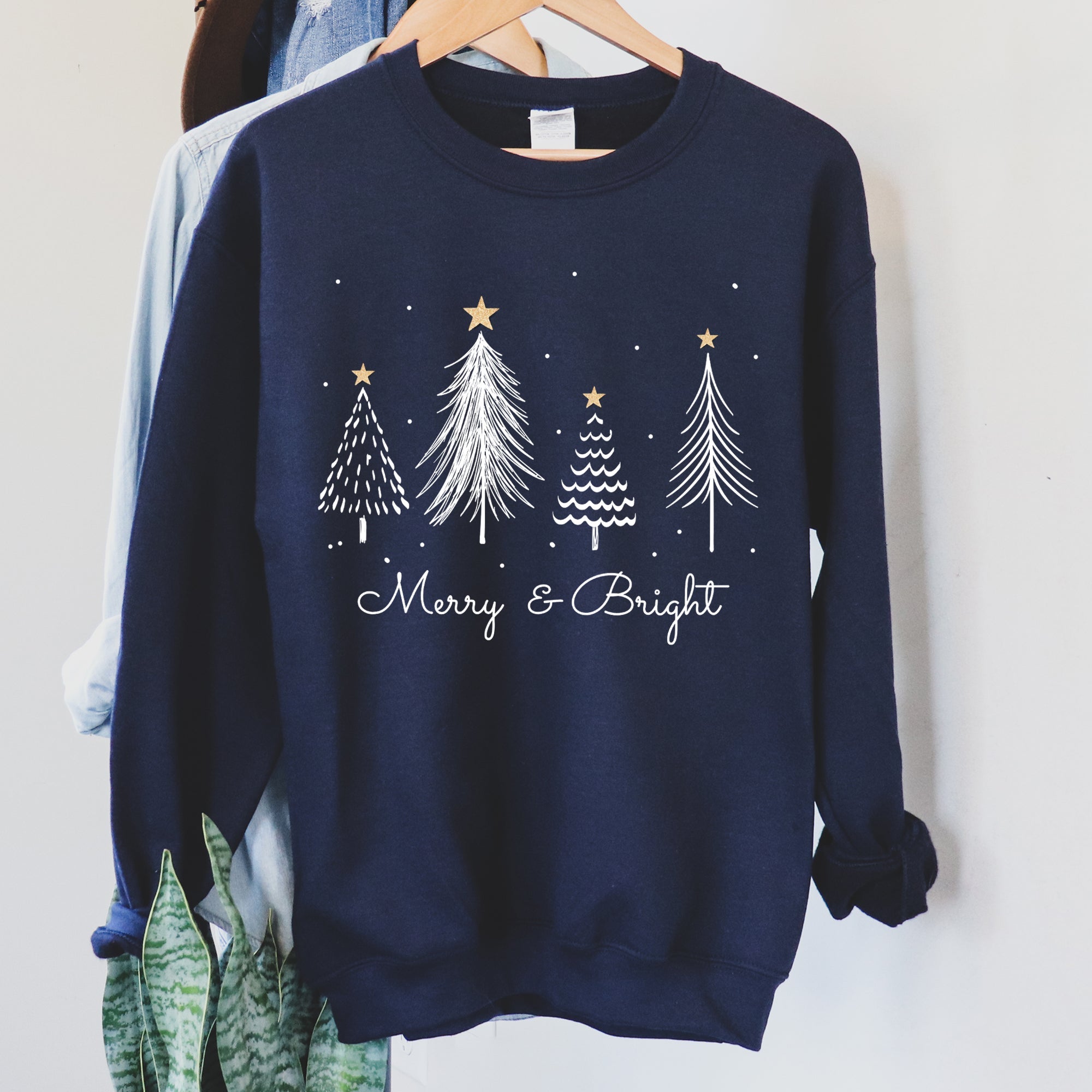 Merry And Bright Christmas Trees Festive Cozy Winter Holiday Seasonal Graphic Sweatshirt