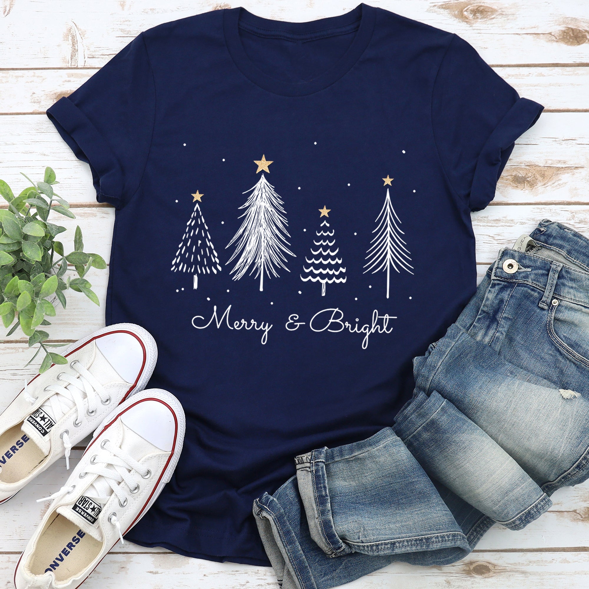 Merry And Bright Christmas Trees With Gold Star And Subtle Snowflake Accents Graphic Tee