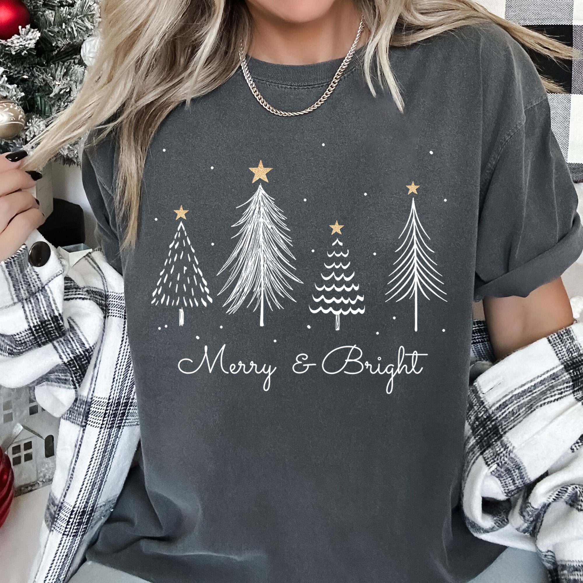 Merry And Bright Christmas Trees With Gold Star Yuletide Celebration Comfort Colors Tee