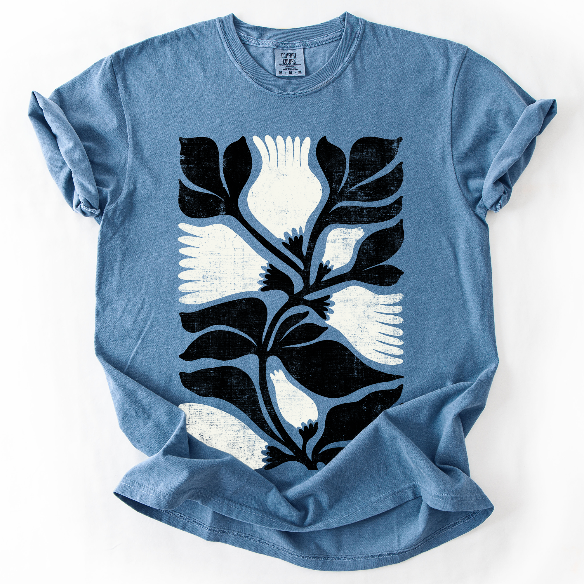 White Petal Flower And Black Leaf Vintage Boho Nature Watercolor Print Comfort Colors Tee