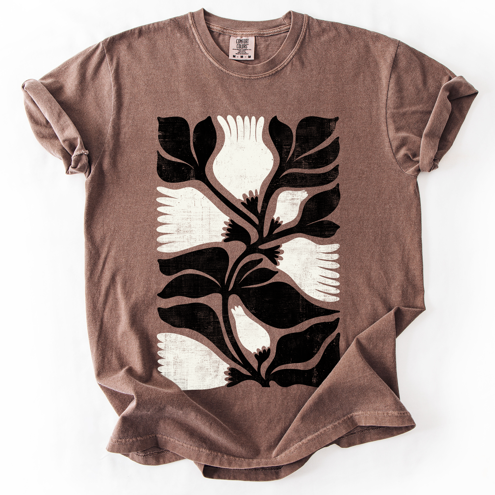 White Petal Flower And Black Leaf Vintage Boho Nature Watercolor Print Comfort Colors Tee