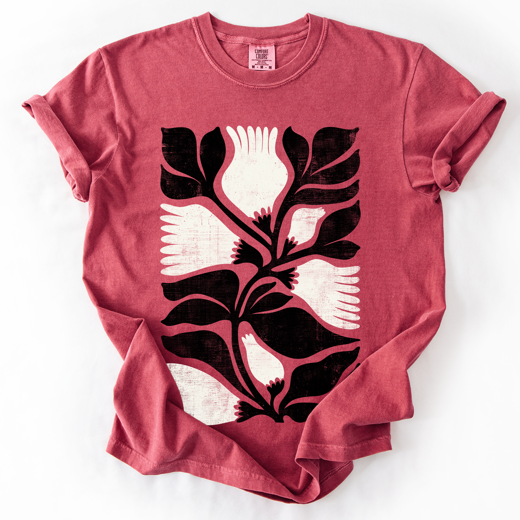 White Petal Flower And Black Leaf Vintage Boho Nature Watercolor Print Comfort Colors Tee