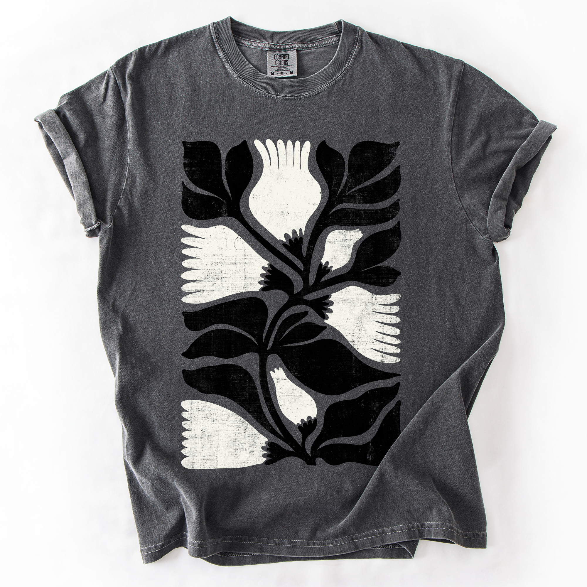 White Petal Flower And Black Leaf Vintage Boho Nature Watercolor Print Comfort Colors Tee