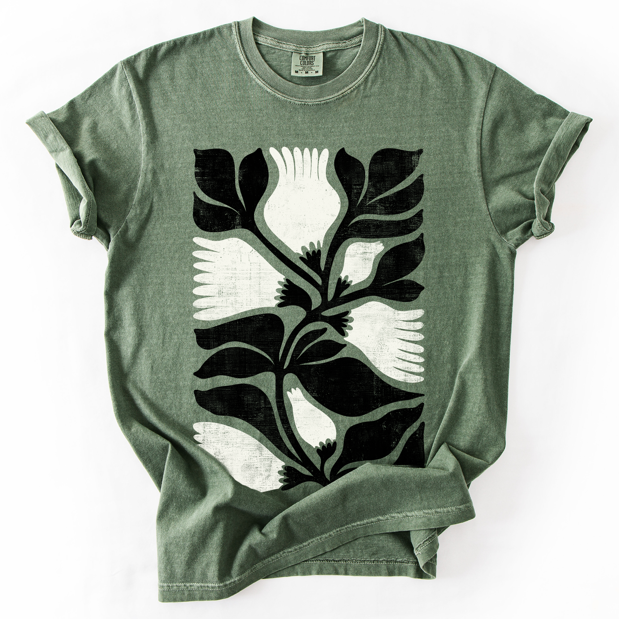 White Petal Flower And Black Leaf Vintage Boho Nature Watercolor Print Comfort Colors Tee