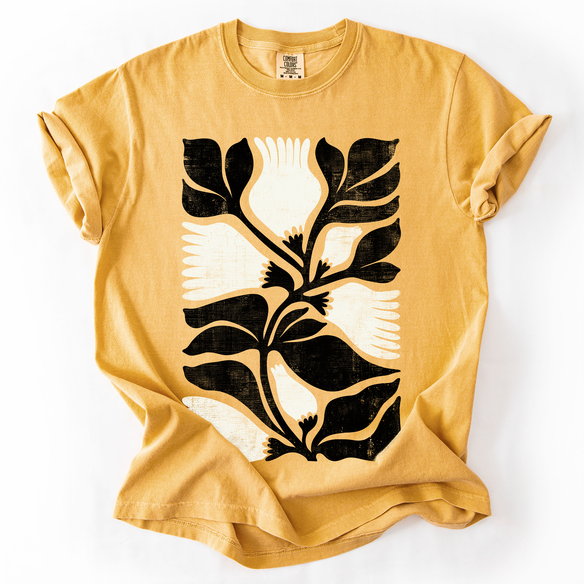 White Petal Flower And Black Leaf Vintage Boho Nature Watercolor Print Comfort Colors Tee