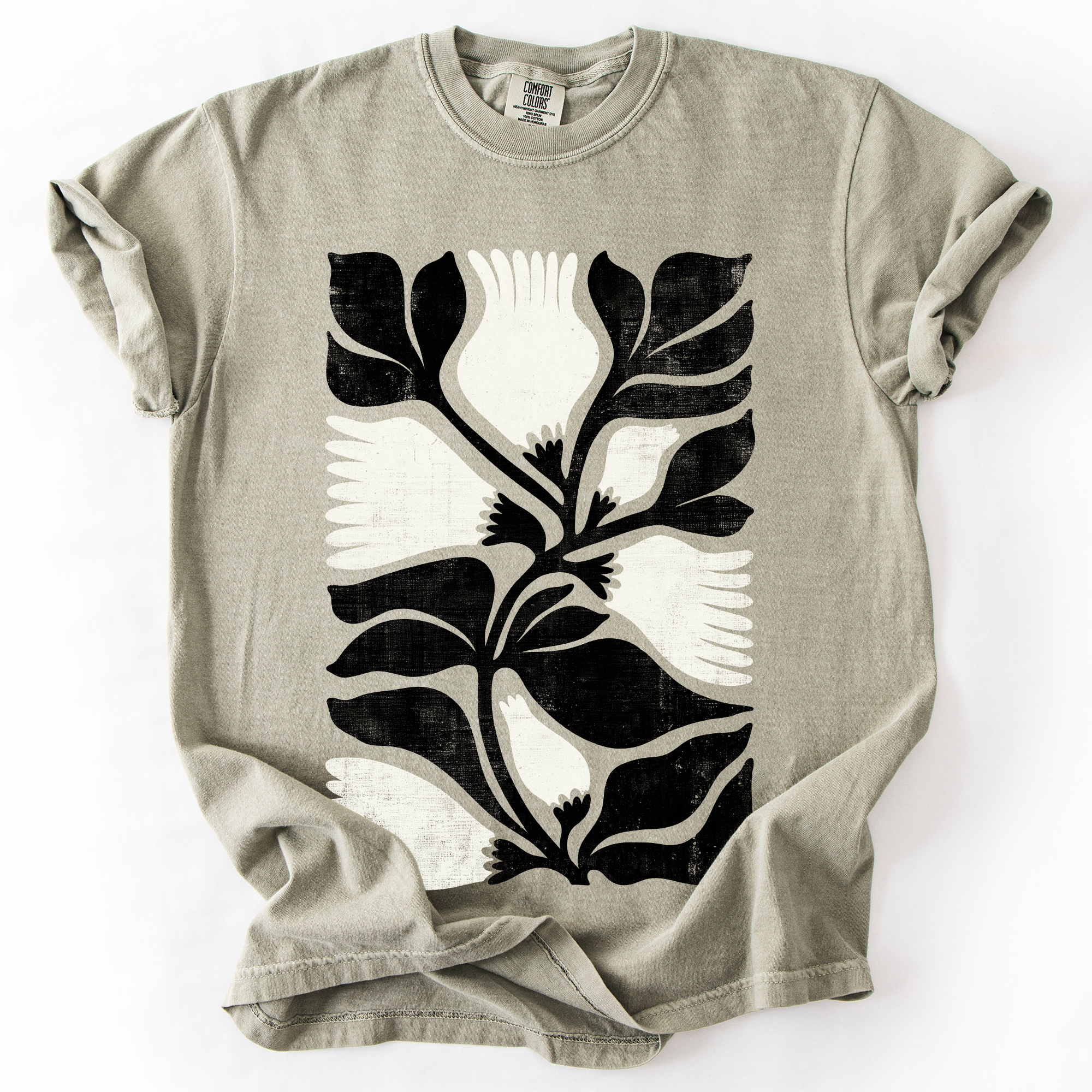 White Petal Flower And Black Leaf Vintage Boho Nature Watercolor Print Comfort Colors Tee