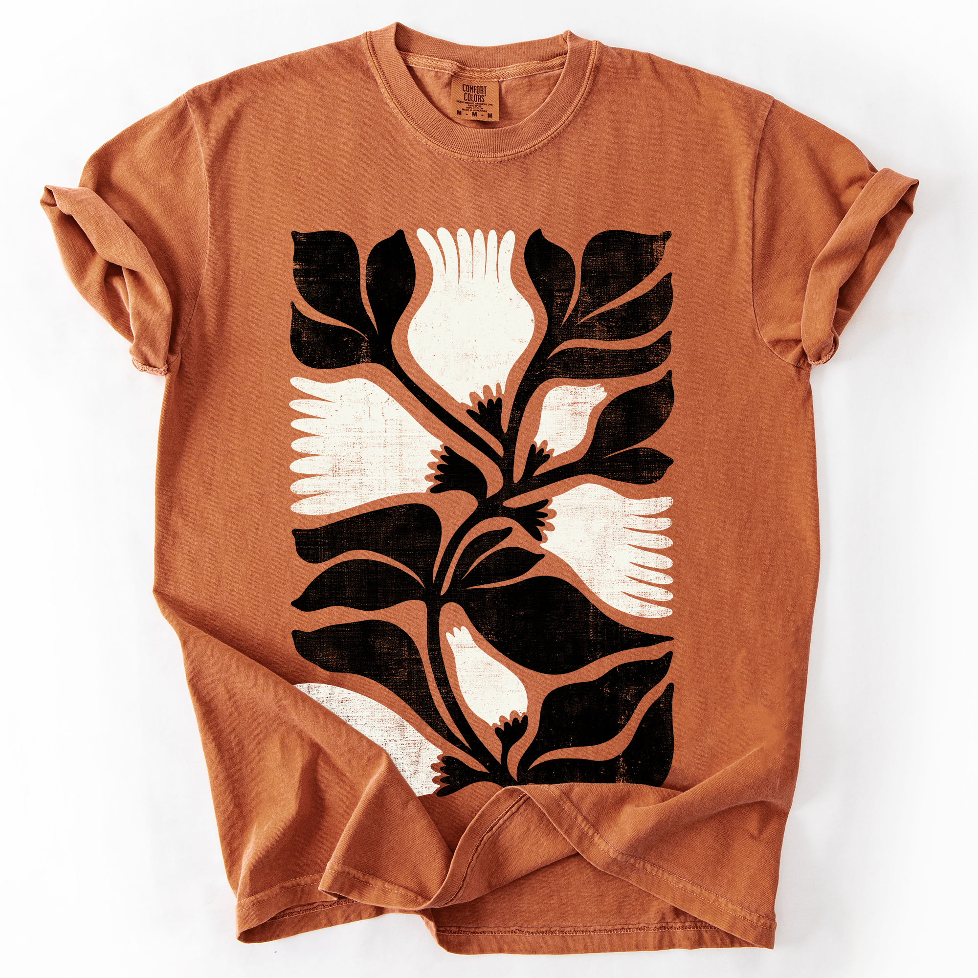 White Petal Flower And Black Leaf Vintage Boho Nature Watercolor Print Comfort Colors Tee