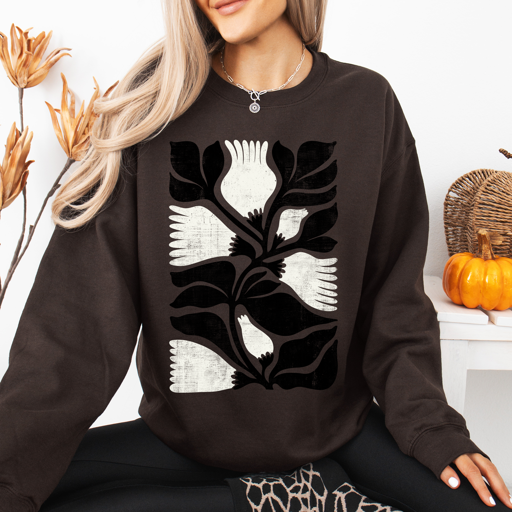 White Petal Flower And Black Leaf Vintage Boho Nature Print Cozy Timeless Everyday Wear Sweatshirt