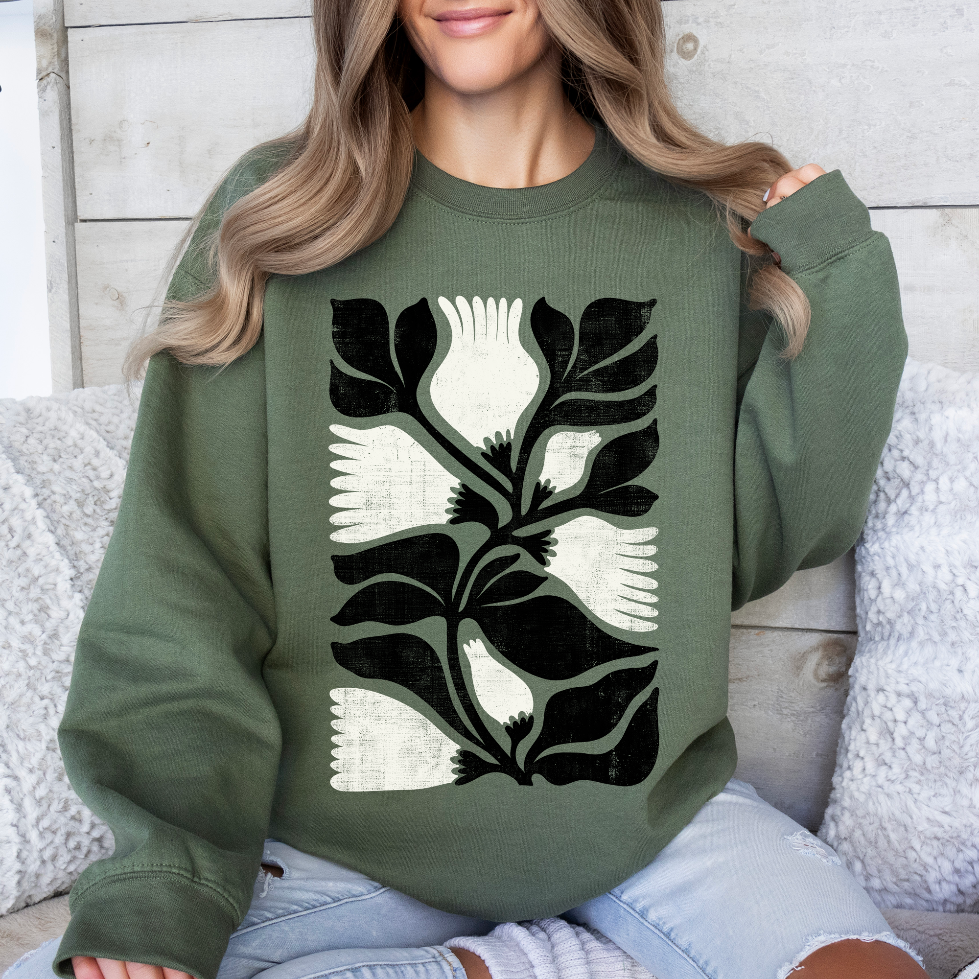 White Petal Flower And Black Leaf Vintage Boho Nature Print Cozy Timeless Everyday Wear Sweatshirt