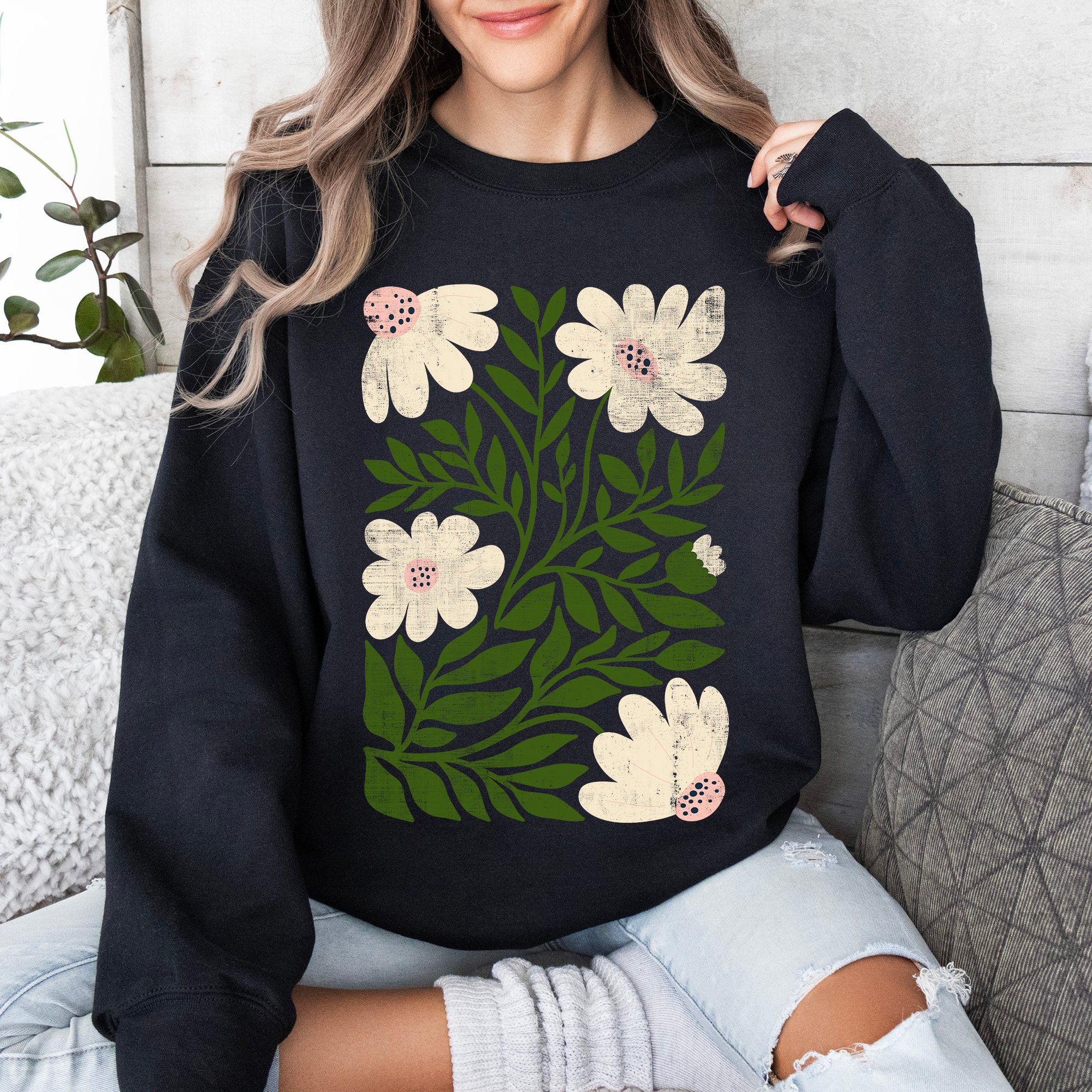 White Wildflower Botanical Vintage Boho Watercolor Nature Relaxed Fit Sweatshirt