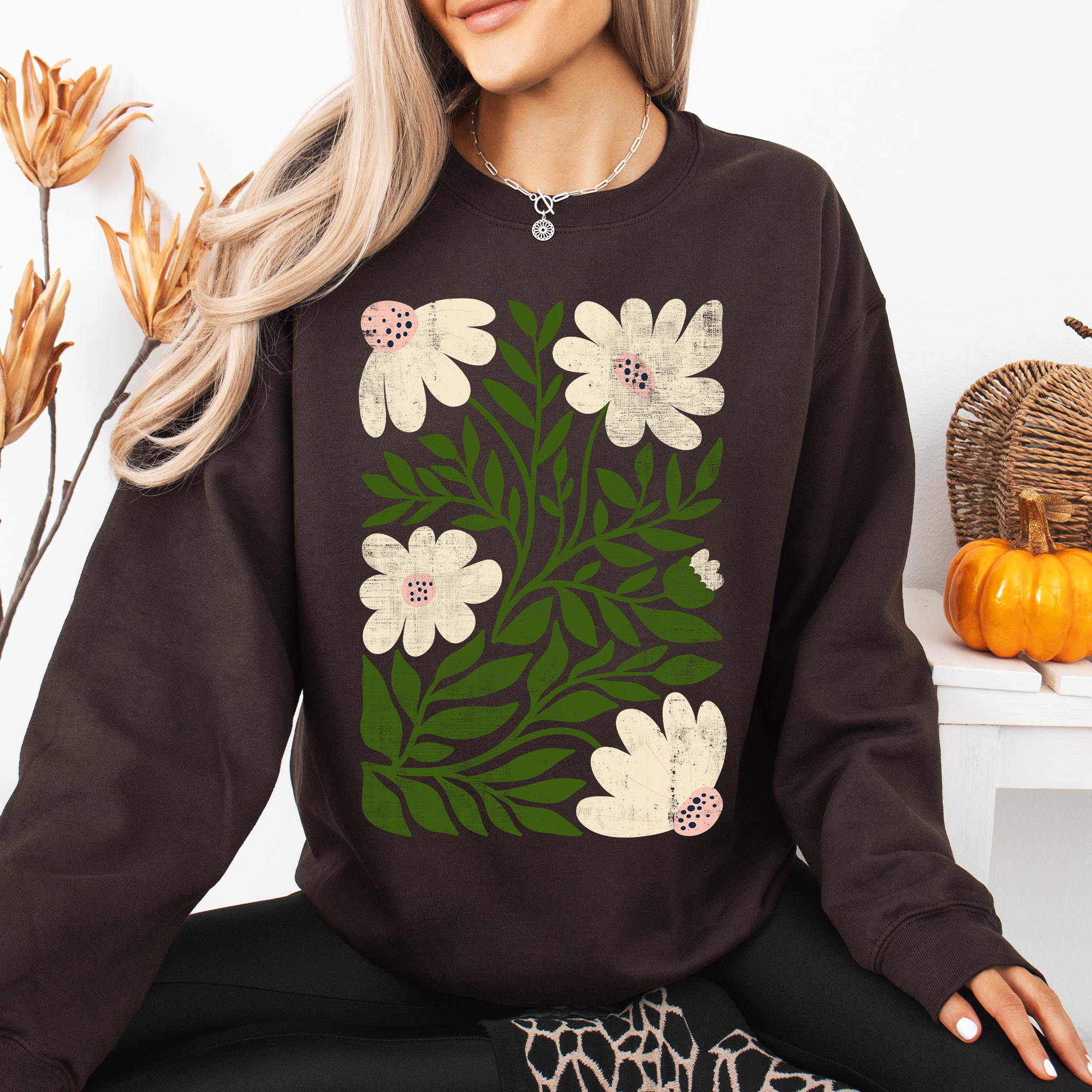 White Wildflower Botanical Vintage Boho Watercolor Nature Relaxed Fit Sweatshirt
