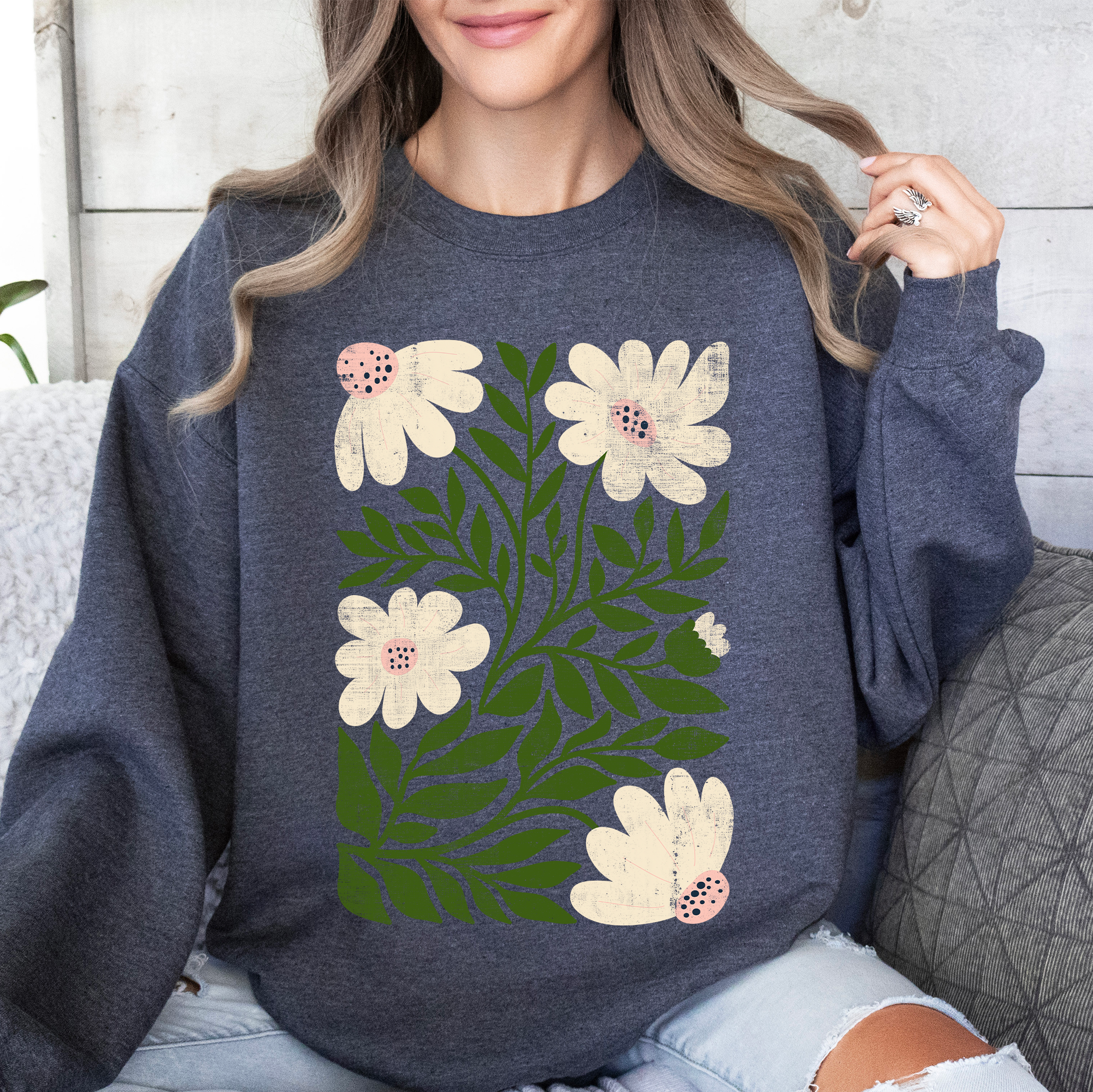 White Wildflower Botanical Vintage Boho Watercolor Nature Relaxed Fit Sweatshirt