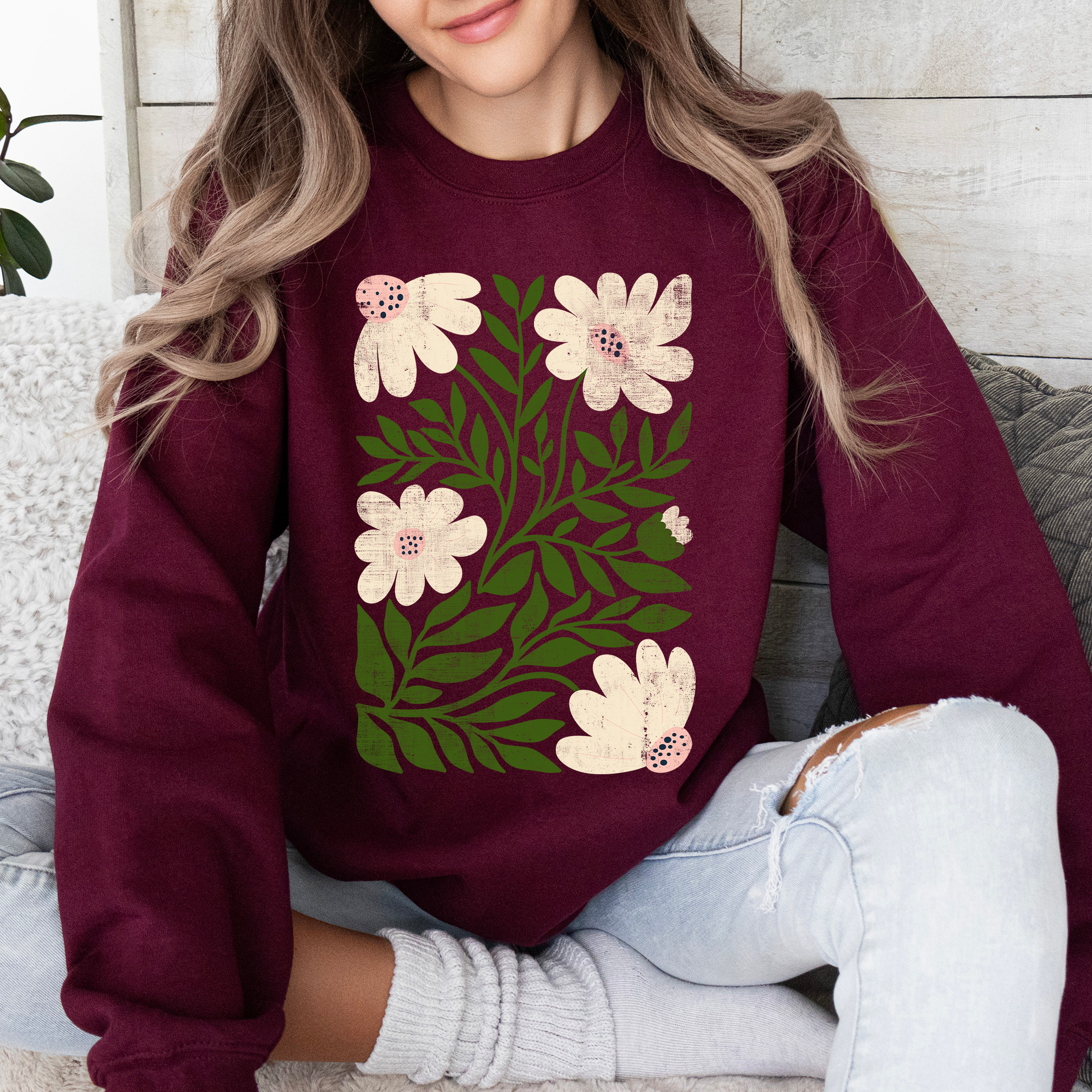 White Wildflower Botanical Vintage Boho Watercolor Nature Relaxed Fit Sweatshirt