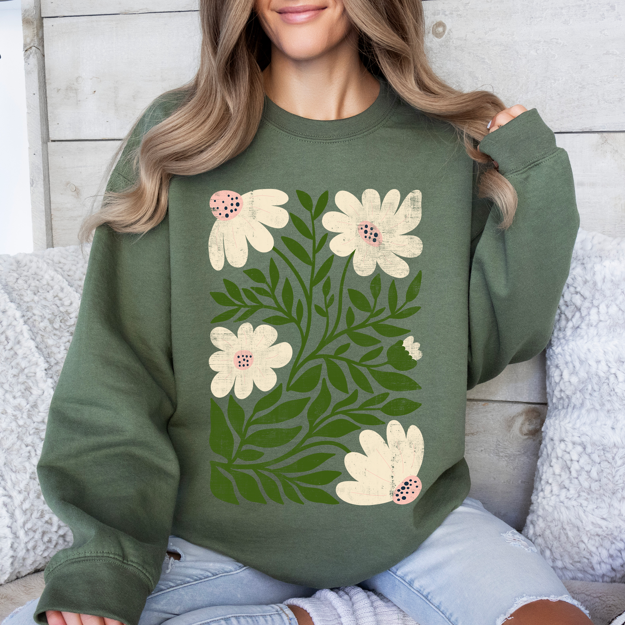 White Wildflower Botanical Vintage Boho Watercolor Nature Relaxed Fit Sweatshirt