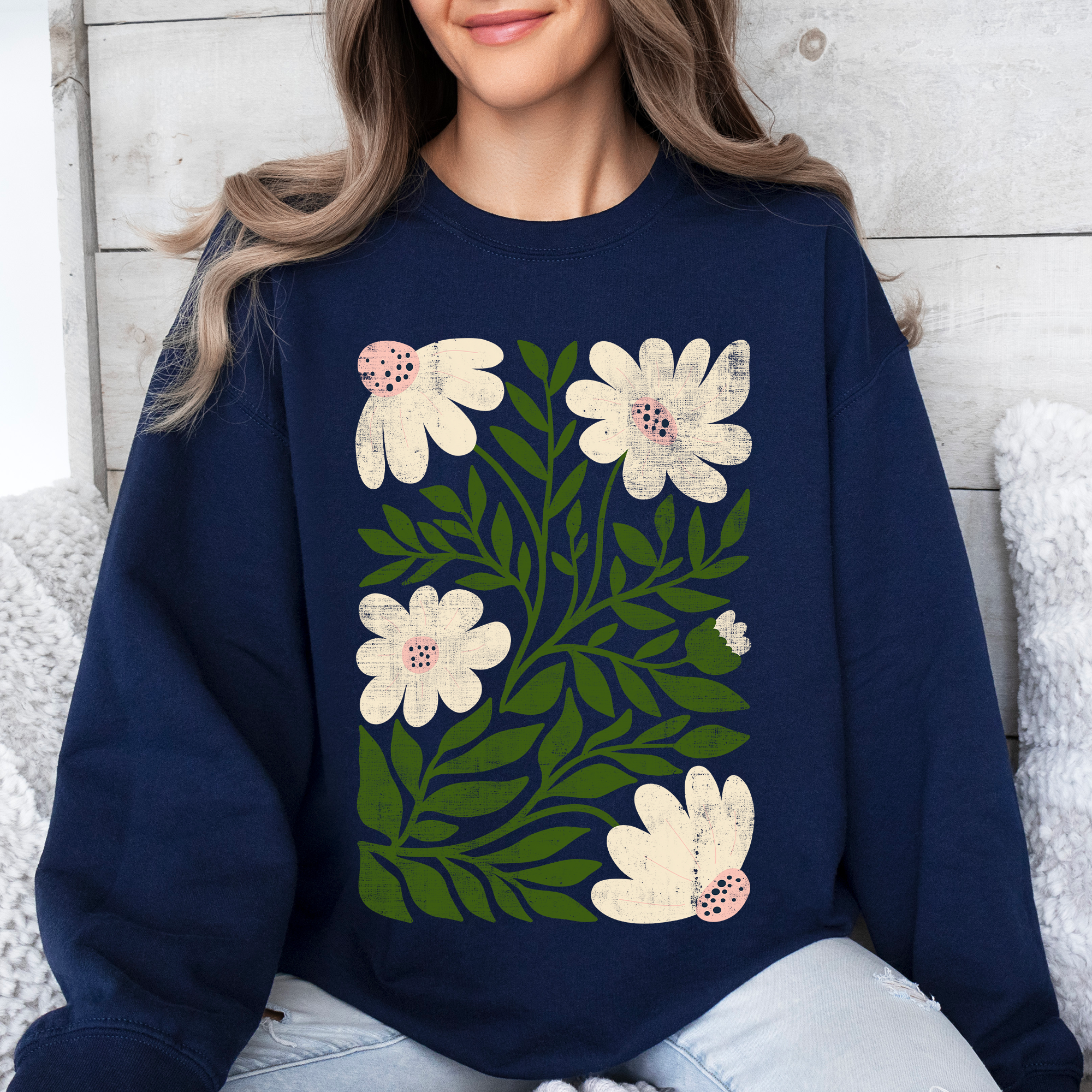 White Wildflower Botanical Vintage Boho Watercolor Nature Relaxed Fit Sweatshirt