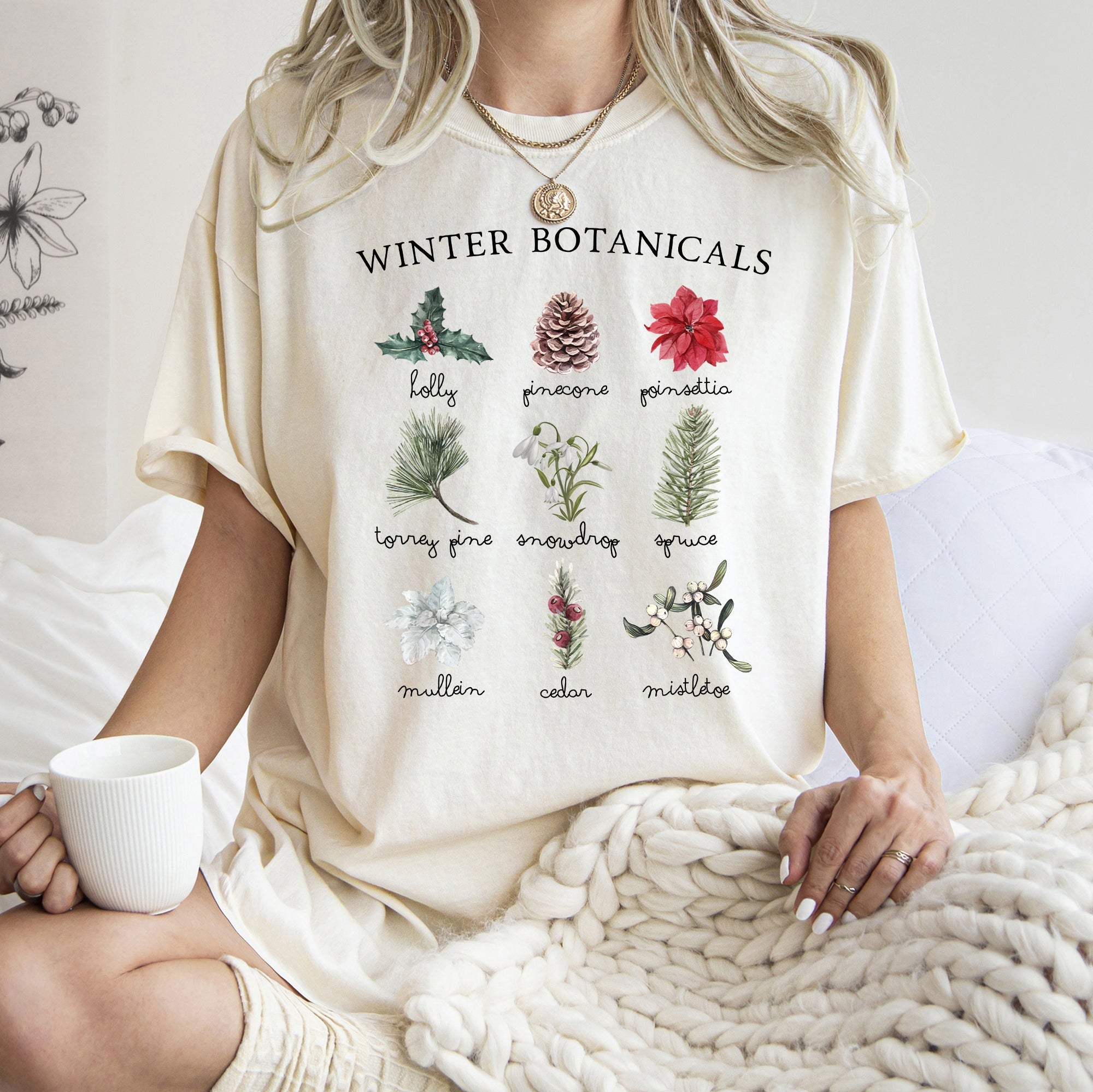 Winter Botanicals Holly Poinsettia Pine Tree Seasonal Holiday Design Comfort Colors Tee