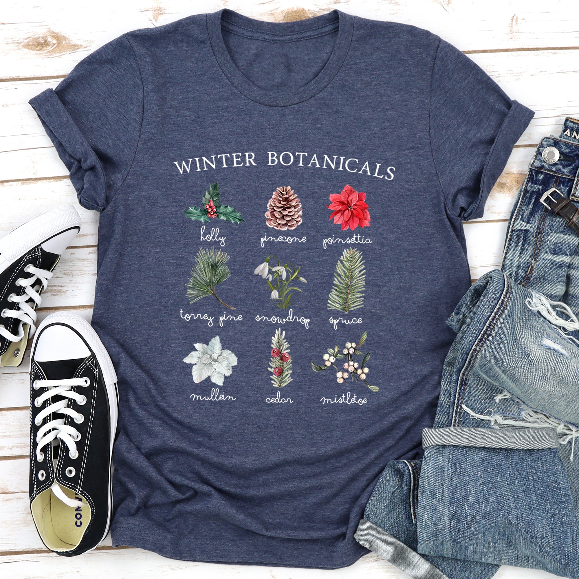 Winter Botanicals Holly Poinsettia Pine Tree Seasonal Florals Edition Graphic Tee