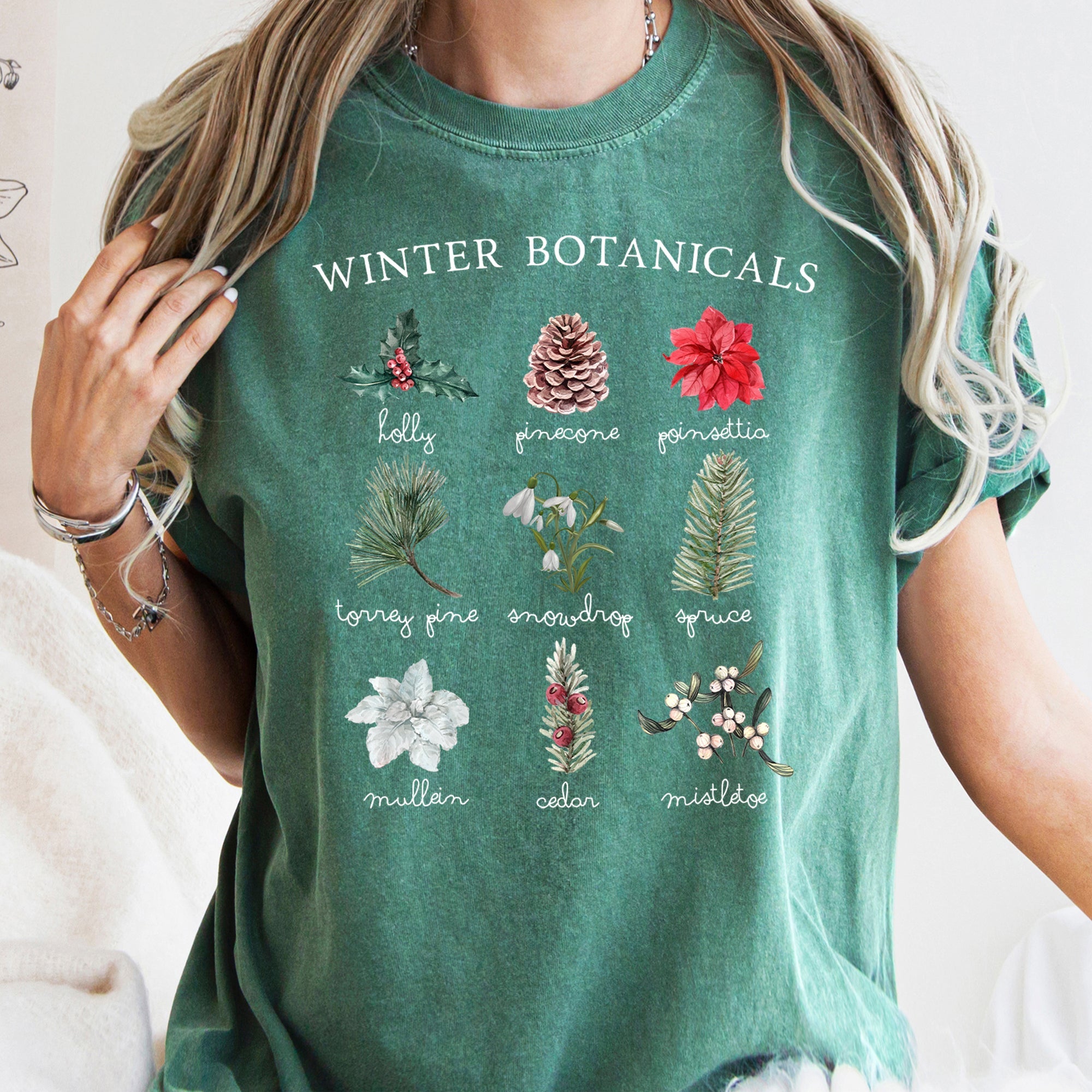 Winter Botanicals Holly Poinsettia Pine Tree Seasonal Holiday Design Comfort Colors Tee