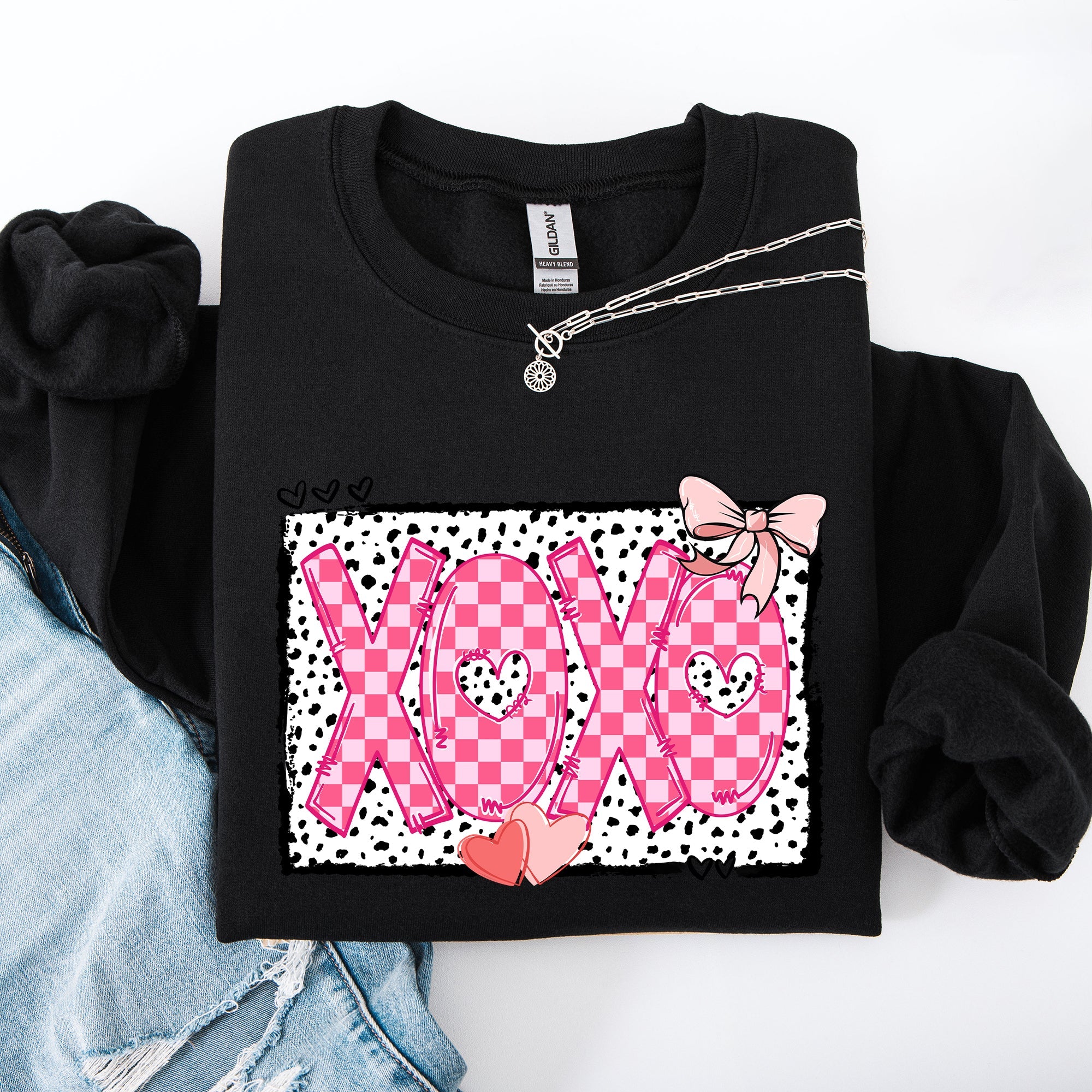 XOXO Valentine's Day Dalmatian Print Love Hearts Chic Cozy Fleece Wearable Artwork Sweatshirt