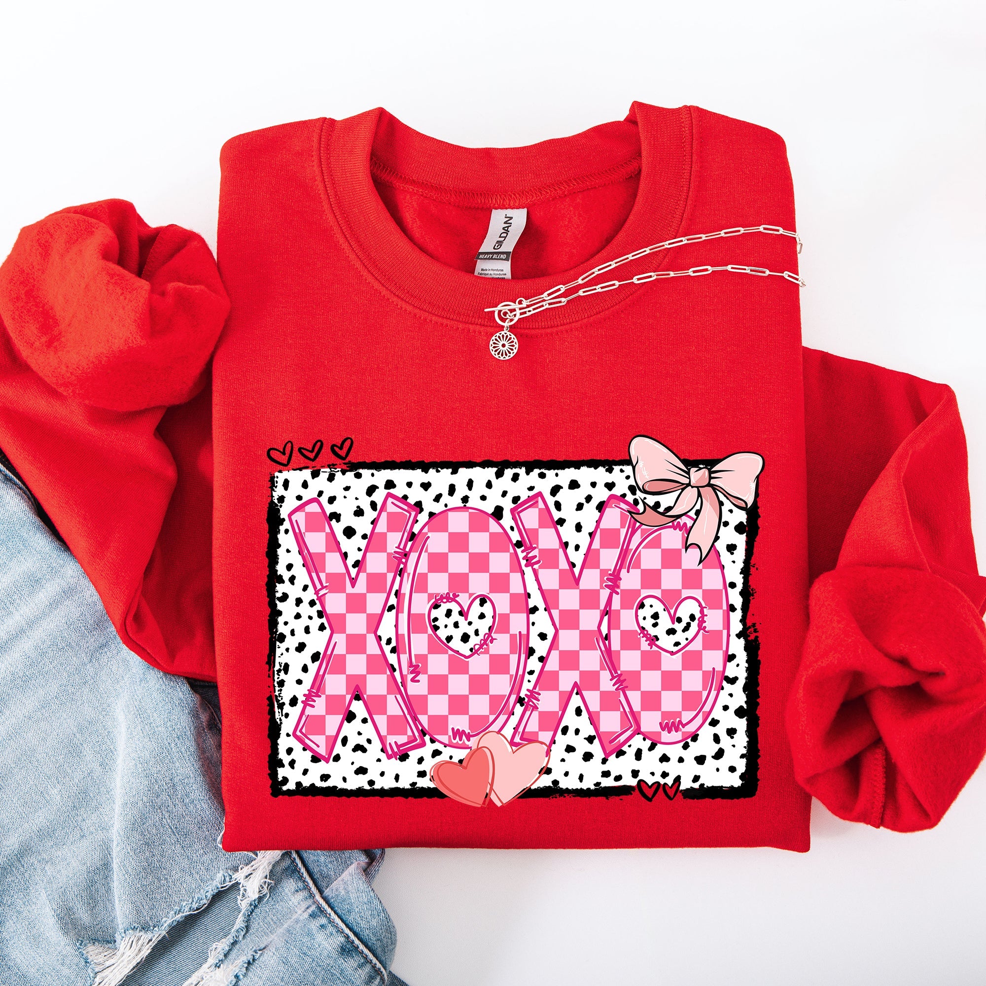XOXO Valentine's Day Dalmatian Print Love Hearts Chic Cozy Fleece Wearable Artwork Sweatshirt