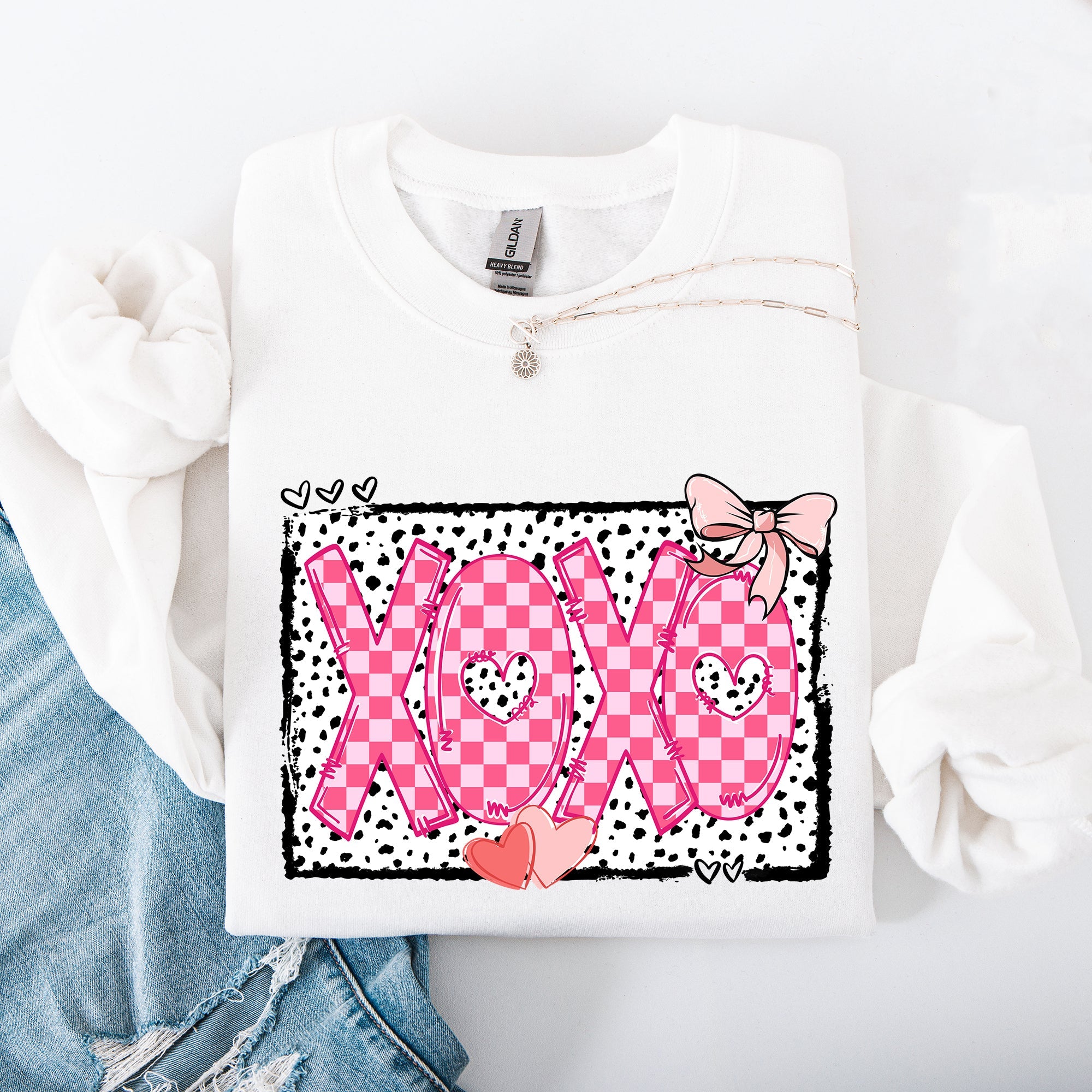 XOXO Valentine's Day Dalmatian Print Love Hearts Chic Cozy Fleece Wearable Artwork Sweatshirt