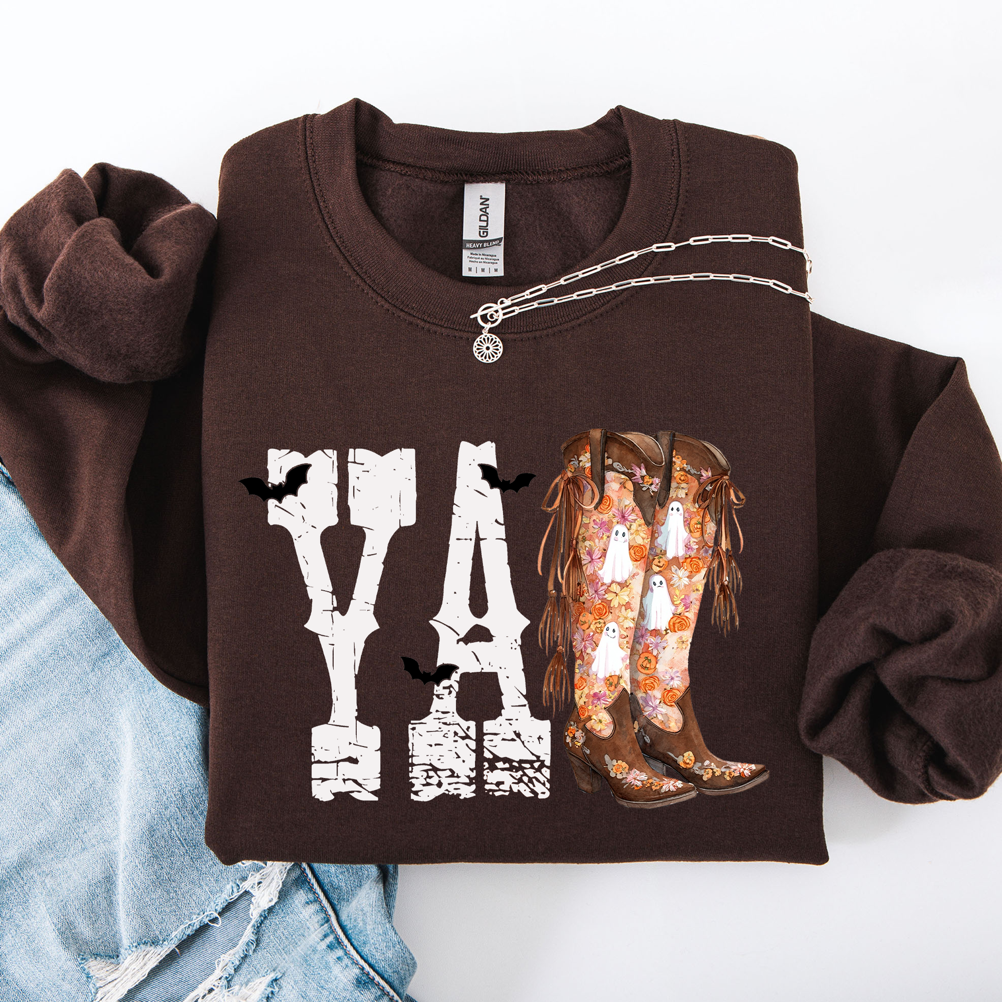 Y'all Cowboy Boots Western Halloween Autumn Floral Sunflower Pumpkin Festive Sweatshirt