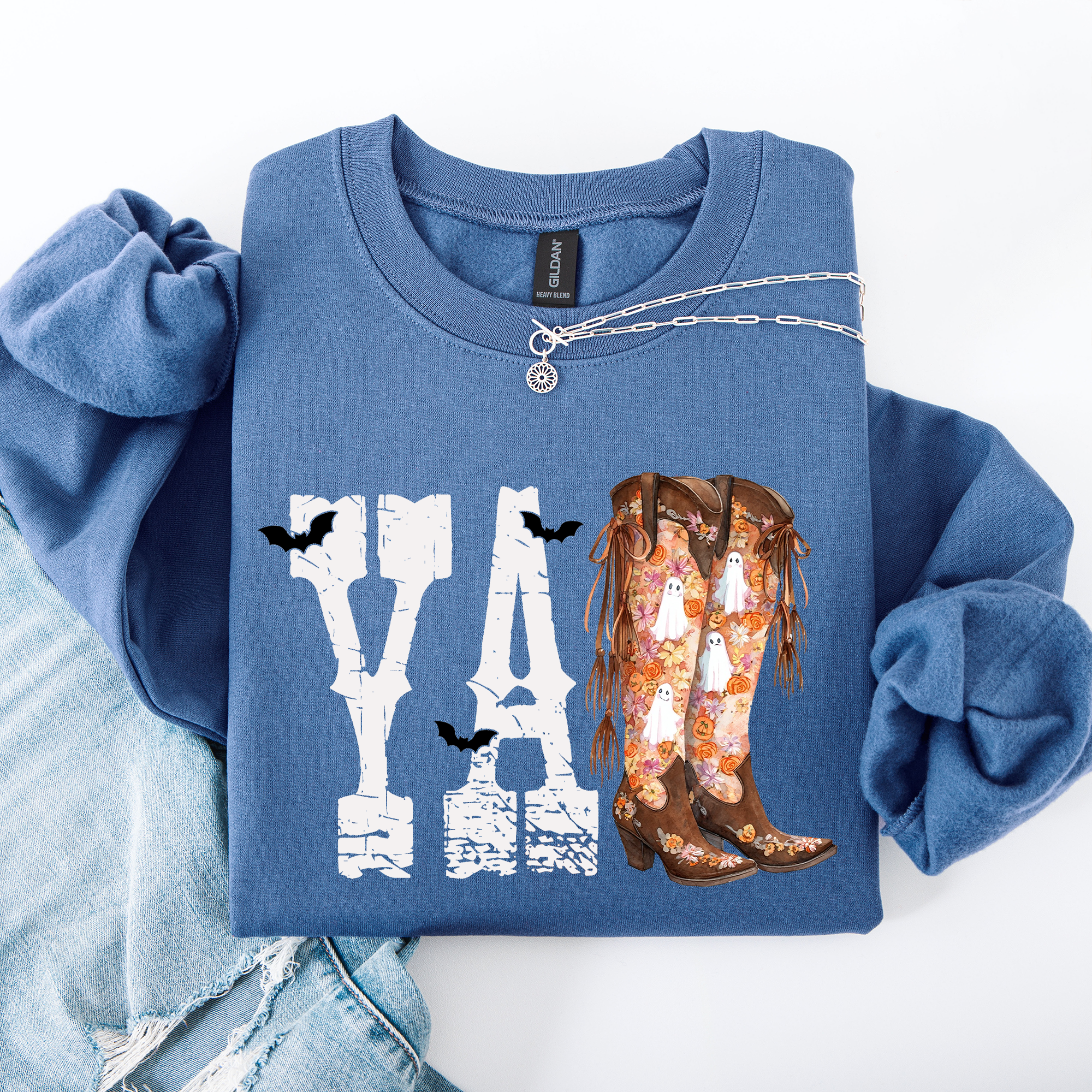 Y'all Cowboy Boots Western Halloween Autumn Floral Sunflower Pumpkin Festive Sweatshirt